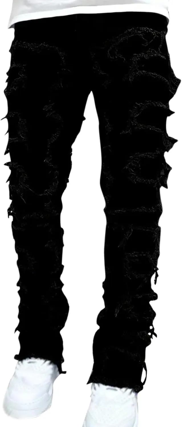 Jeans for Men Slim Fit Men's Slim Fit Stretch Jeans Distressed Patchwork Stacked Frayed Straight Leg Skinny Denim Pant