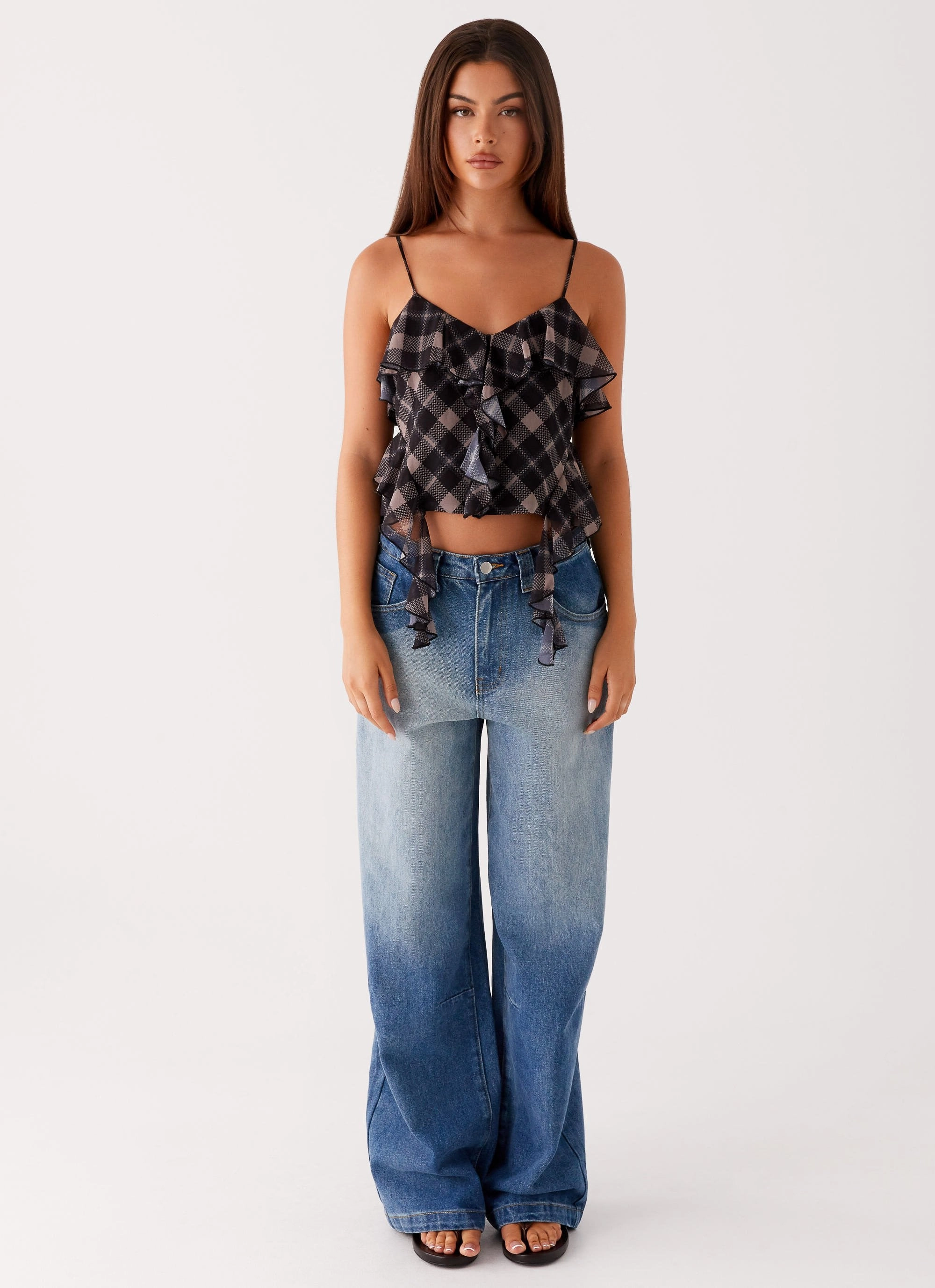 Jessie Cami Top - Taupe Check Loose Blouse Relaxed Design