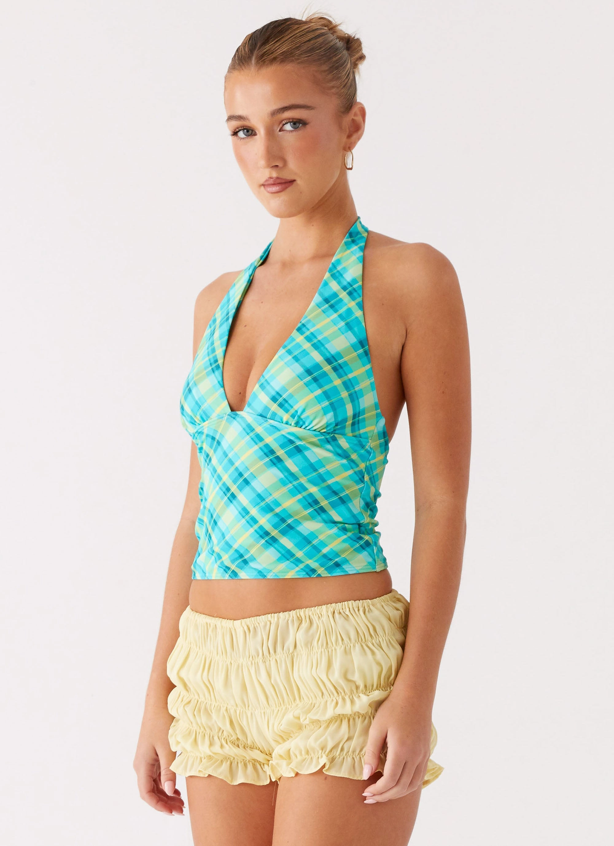 Jetsetter Halter Top - Green Check Flexible Ribbing