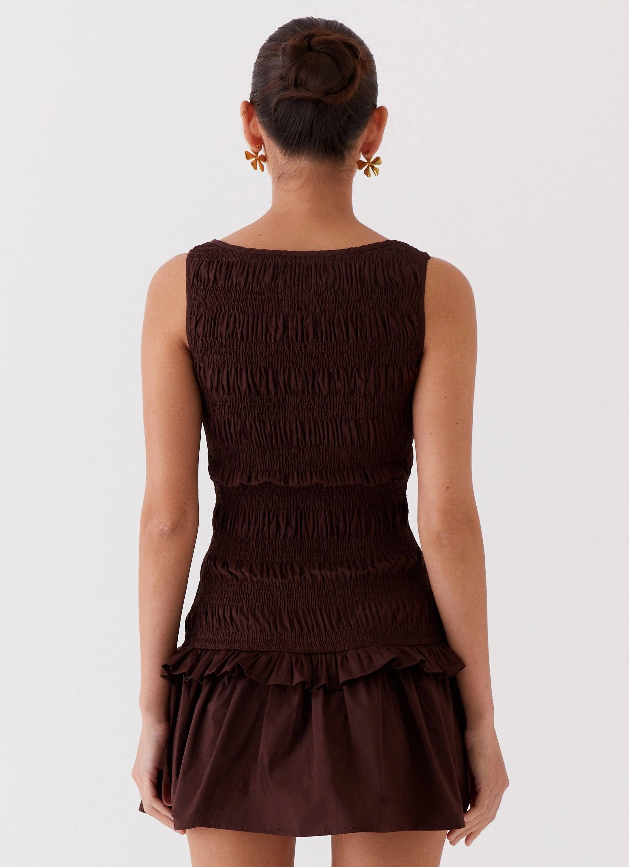 Garden Kisses Shirred Mini Dress - Chocolate Chic and Stylish Neutral Mood