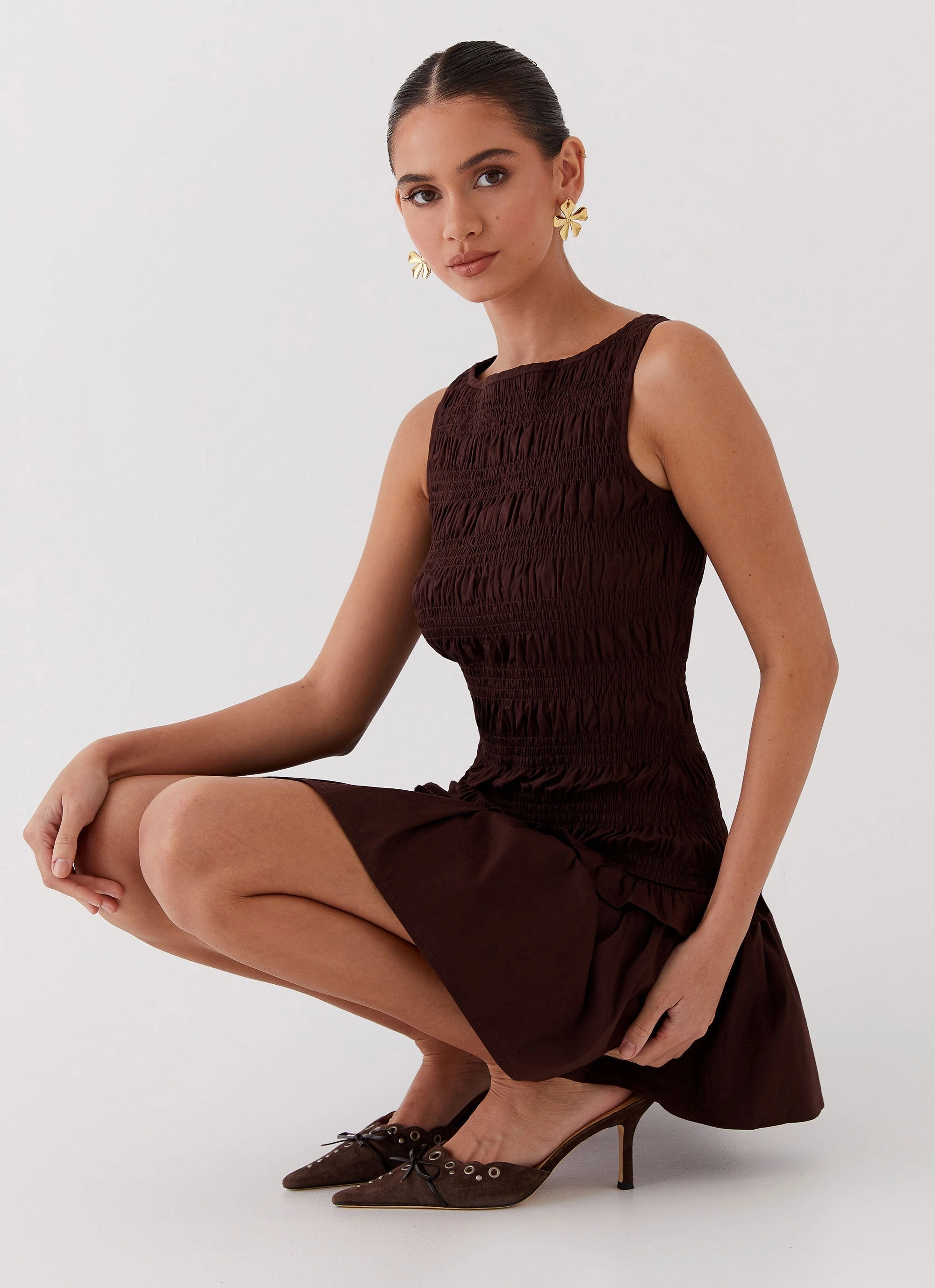 Garden Kisses Shirred Mini Dress - Chocolate Fall Outfit Shine Finish