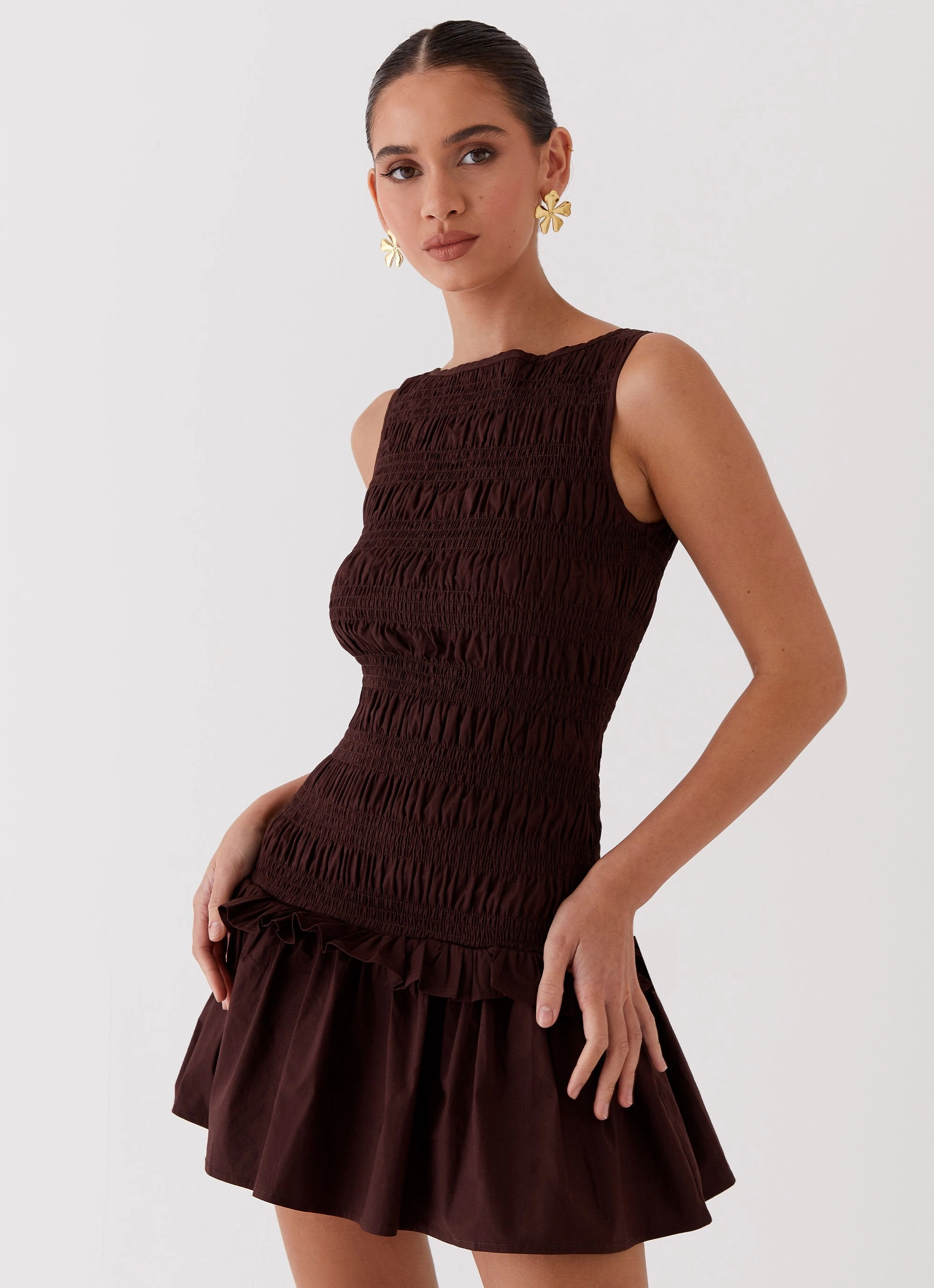 Modern Movement Evening Glow Garden Kisses Shirred Mini Dress - Chocolate