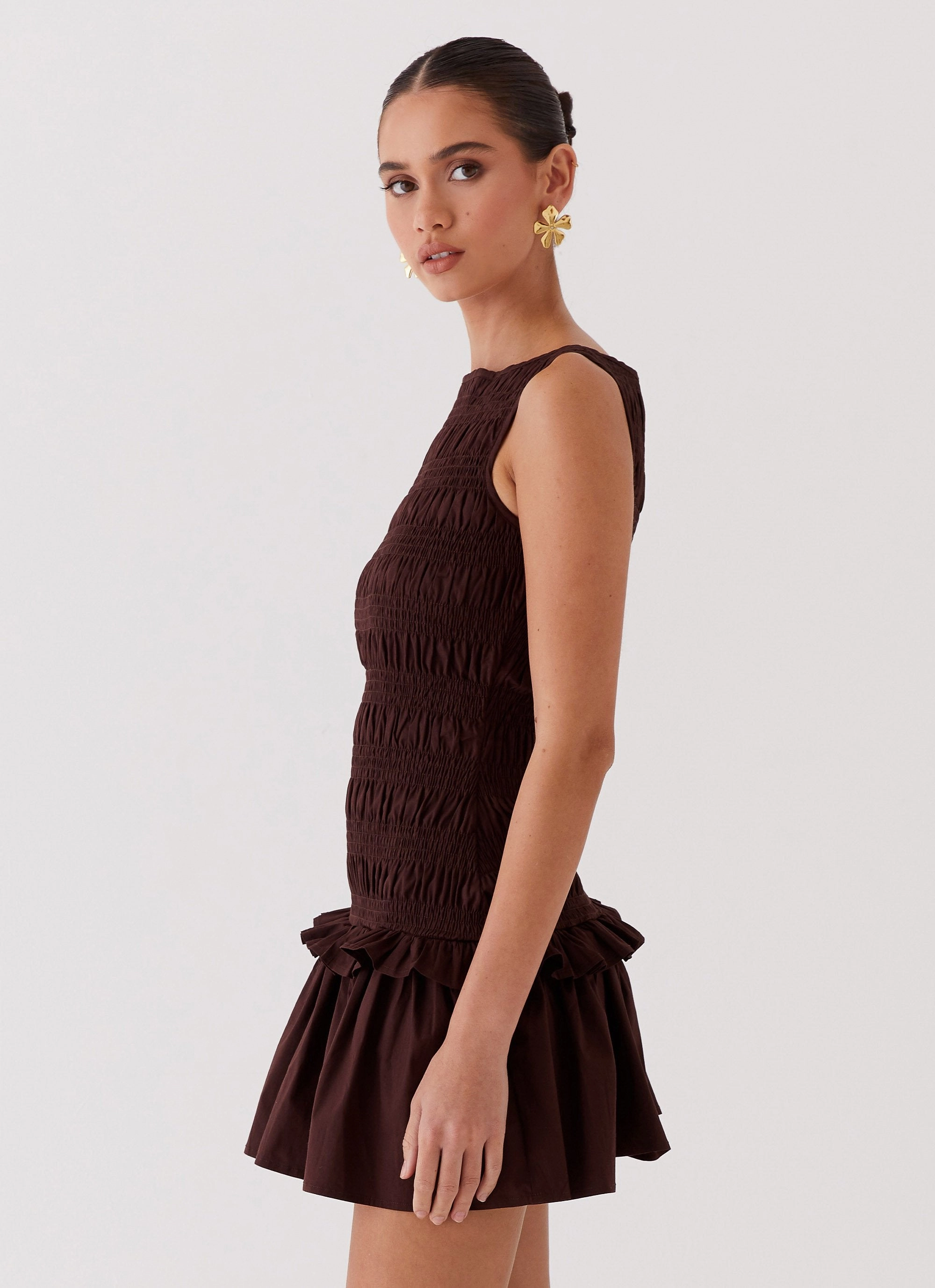 Garden Kisses Shirred Mini Dress - Chocolate Timeless Vibe