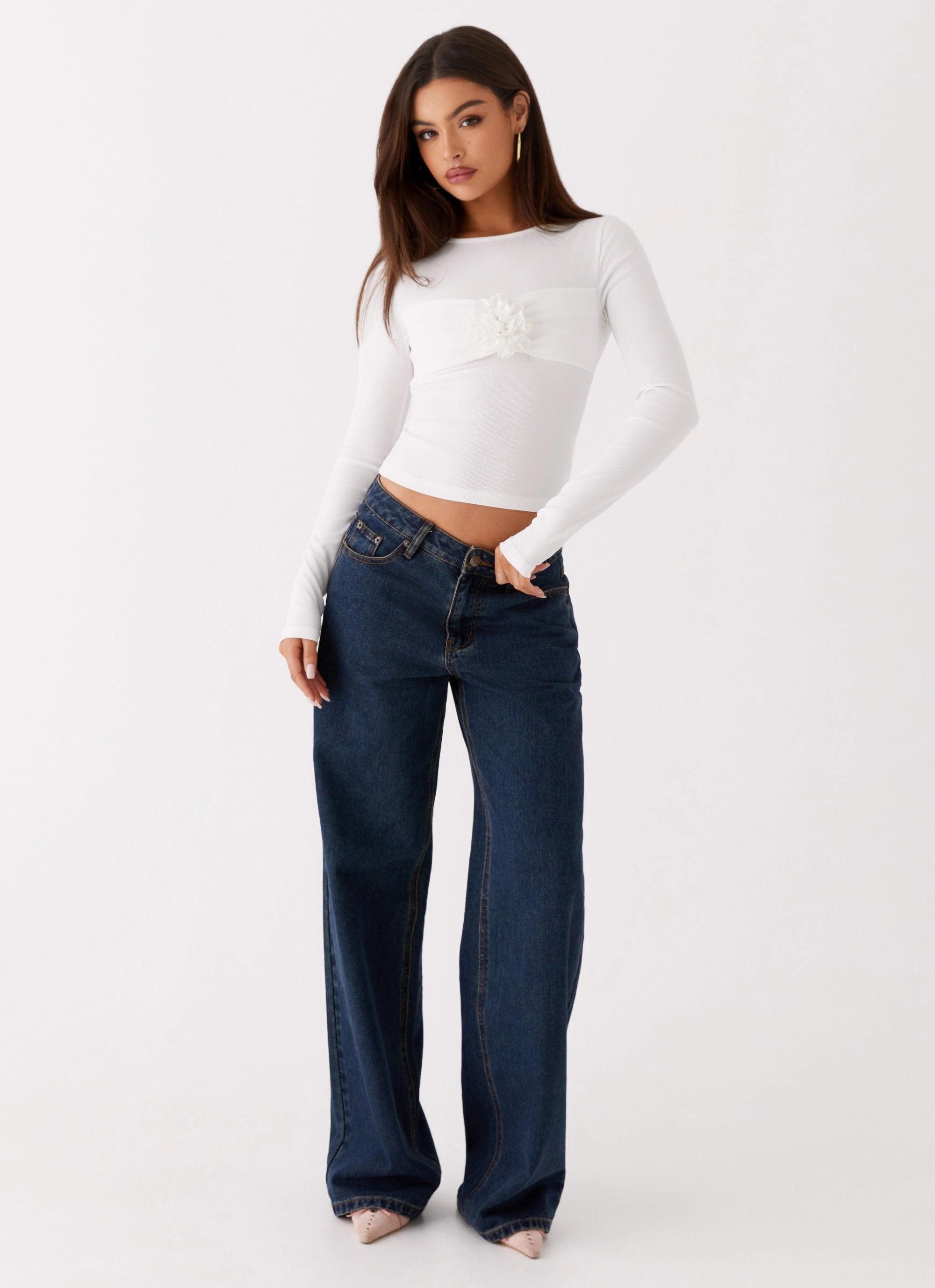 Jeyda Long Sleeve Rose Top - White Low Profile Stitching