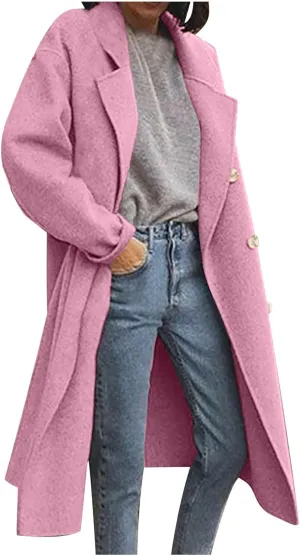 JOAU Women's Winter Wool Coat Elegant Notched Lapel Collar Double Breasted Pea Coats Wool Blend Overcoat Jackets Outerwear