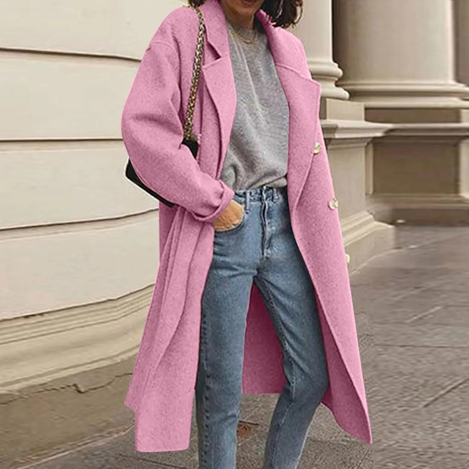 JOAU Women's Winter Wool Coat Elegant Notched Lapel Collar Double Breasted Pea Coats Wool Blend Overcoat Jackets Outerwear