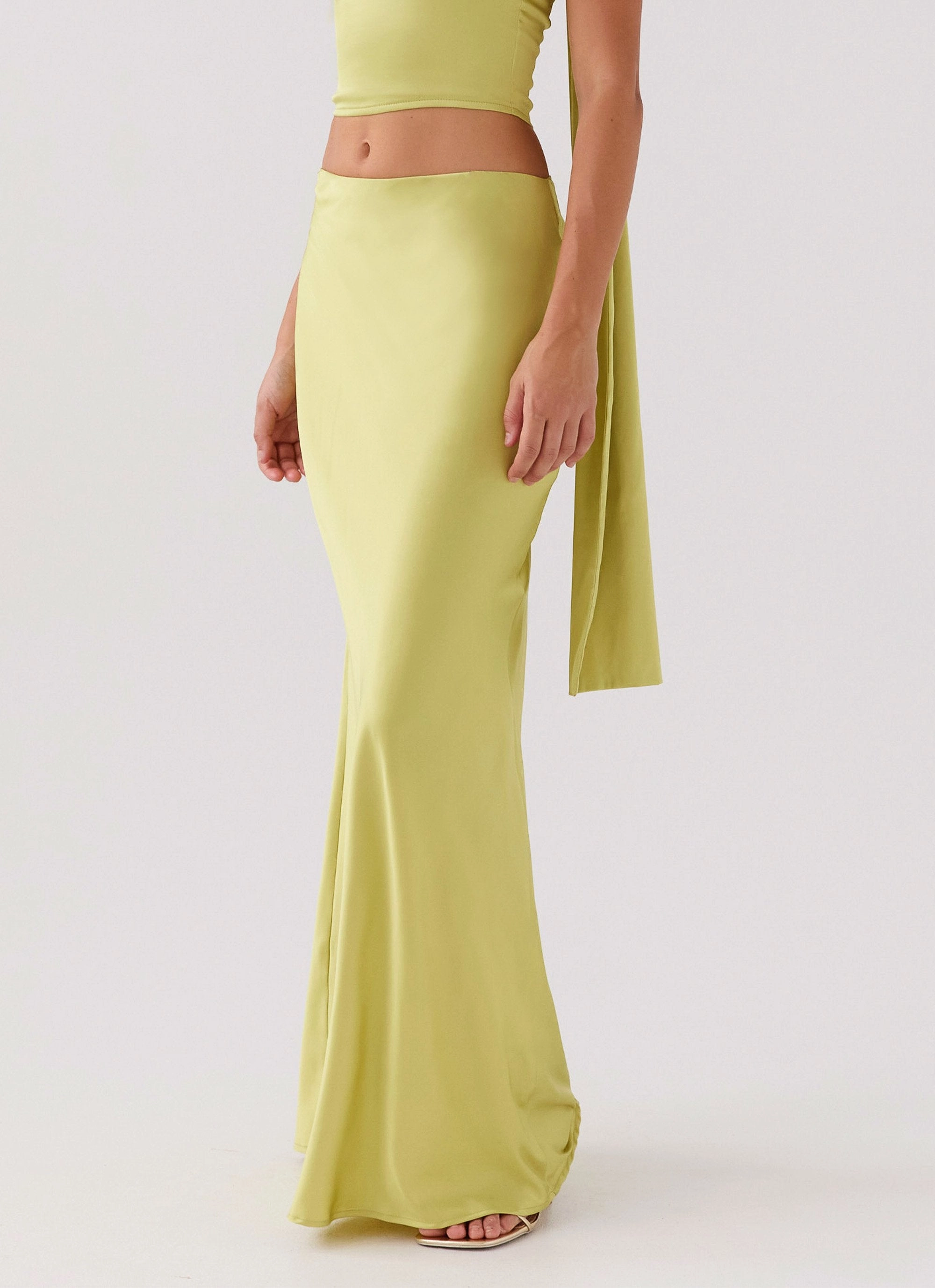 Winter Layering Breathable Lining Josefina Satin Maxi Skirt - Chartreuse