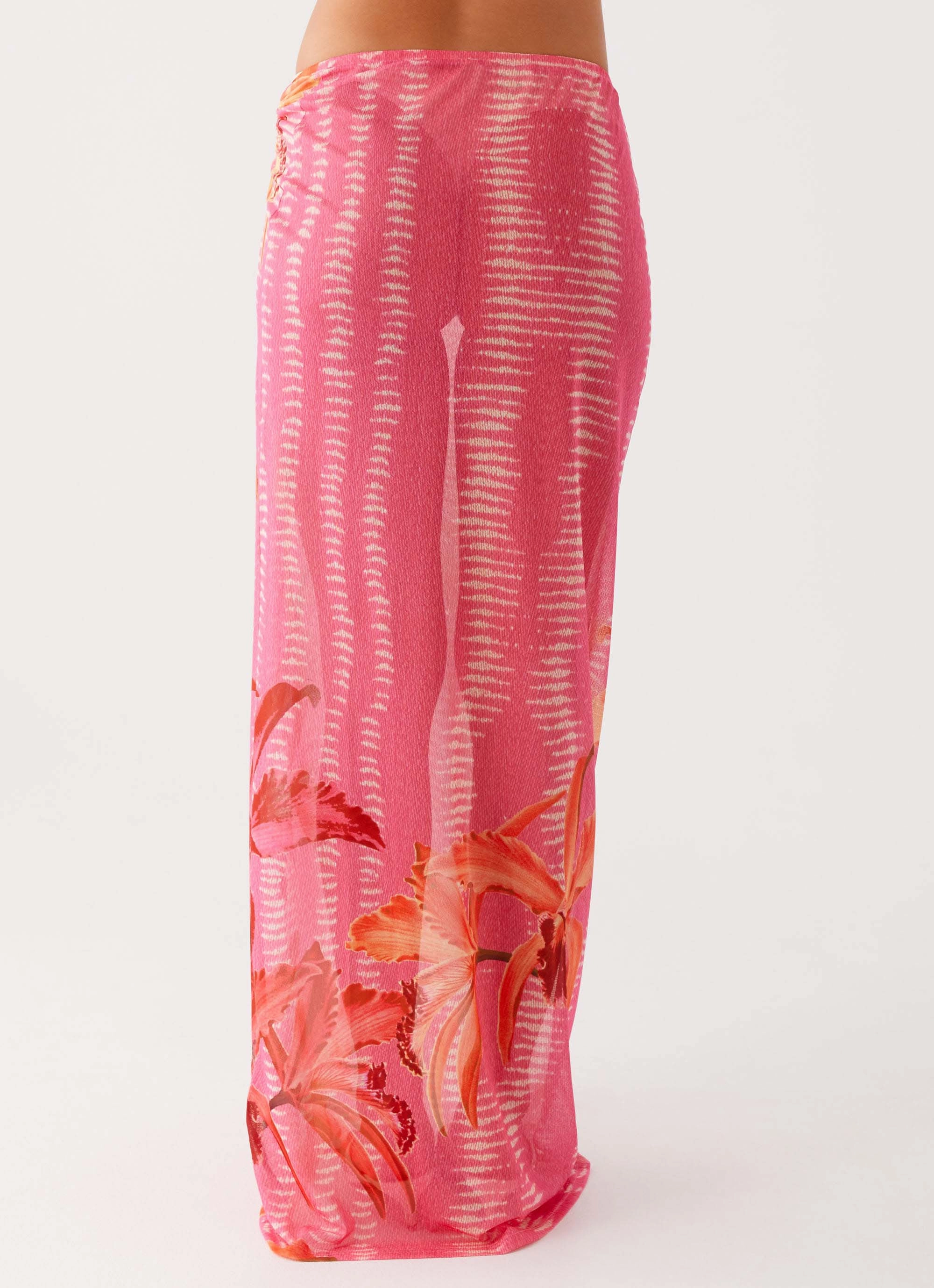 Jovani Maxi Skirt - Tropical Pink Print Crossback Strap