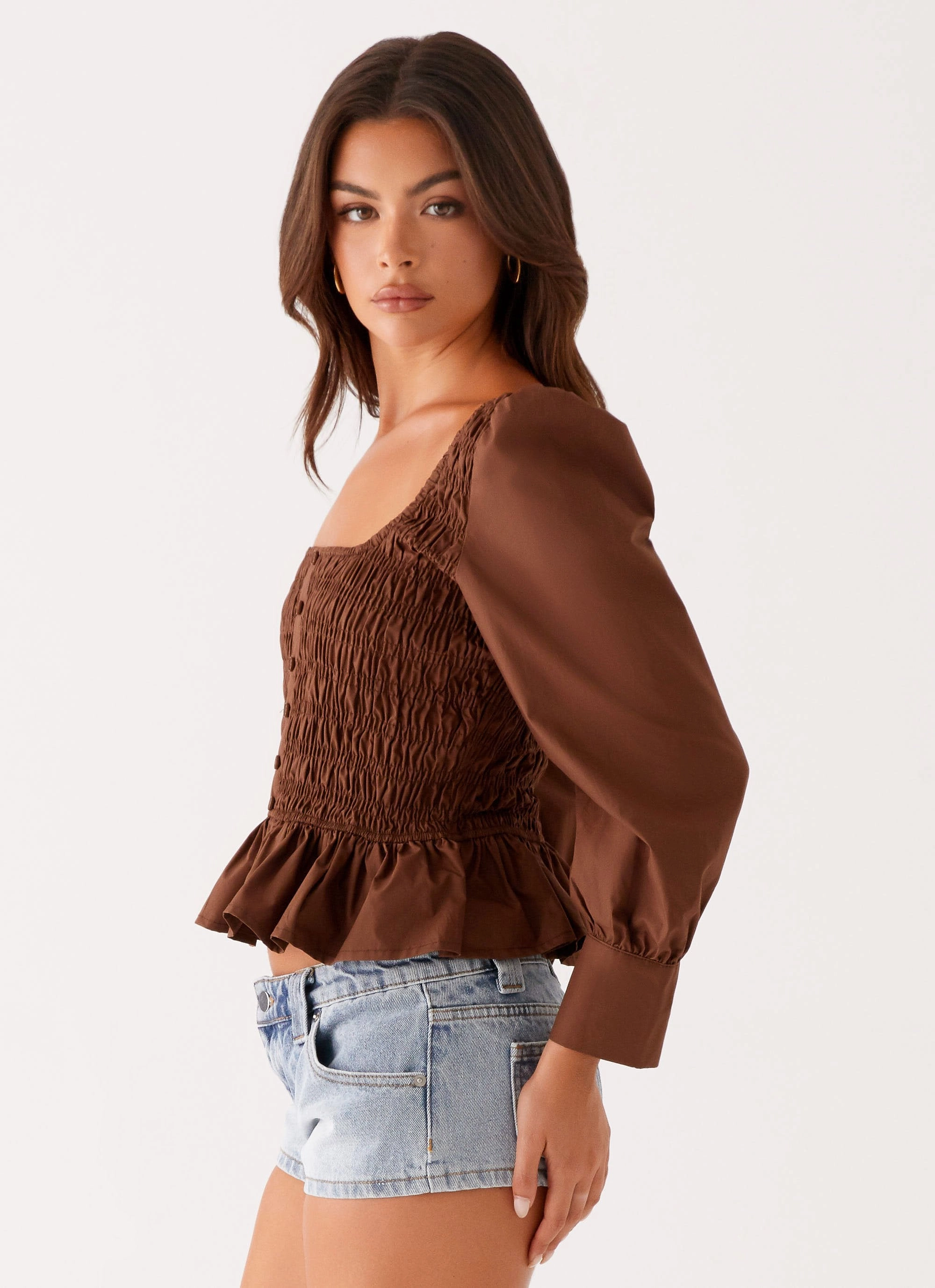 Joyce Long Sleeve Shirred Top - Chocolate Wicking Inner Lining