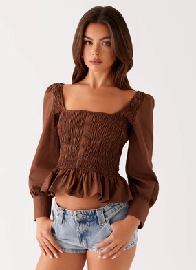 Joyce Long Sleeve Shirred Top - Chocolate Reflective Trim Details TaglessDesign
