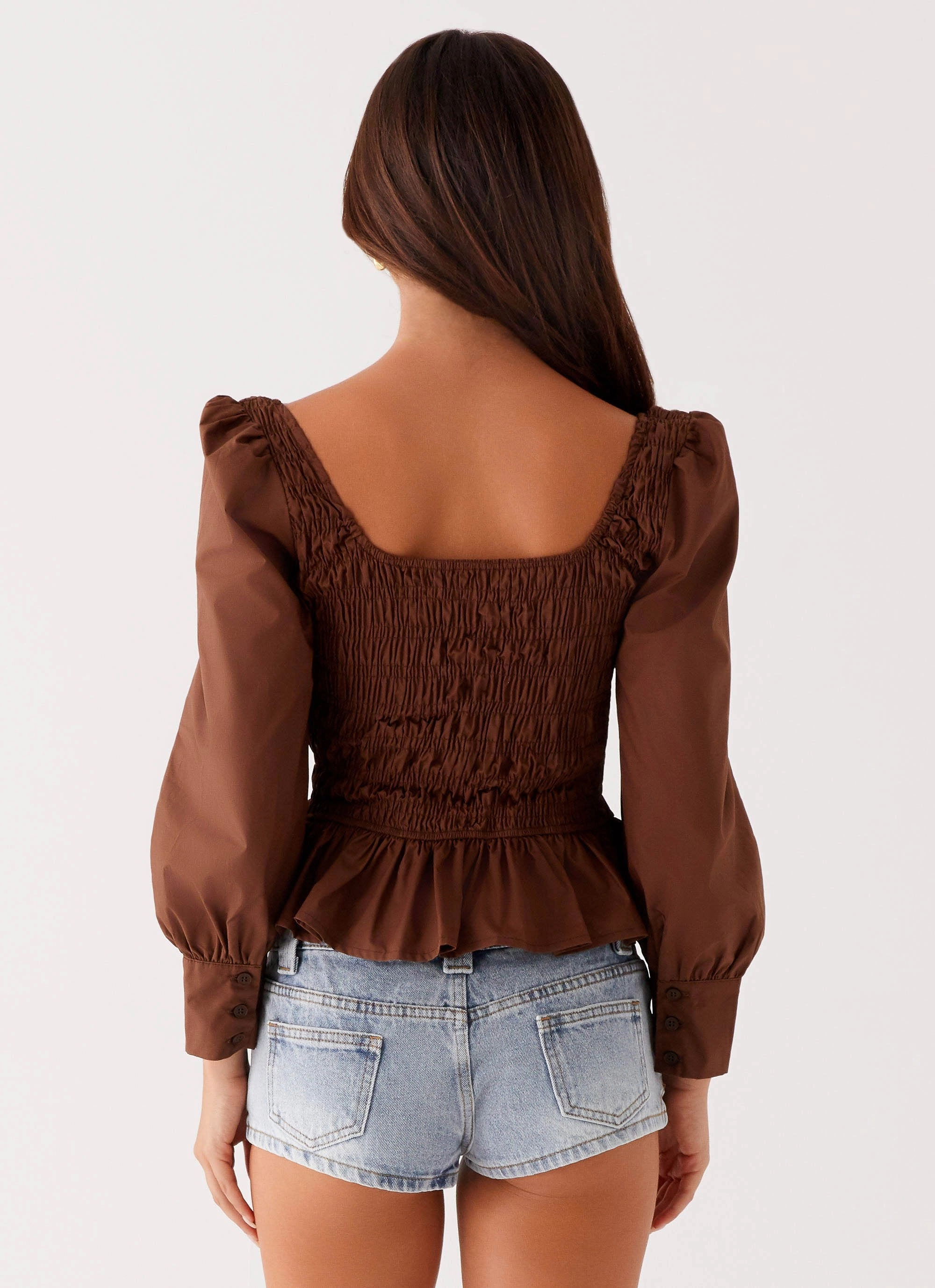 Joyce Long Sleeve Shirred Top - Chocolate Modern Polo Airflow Optimized Weave