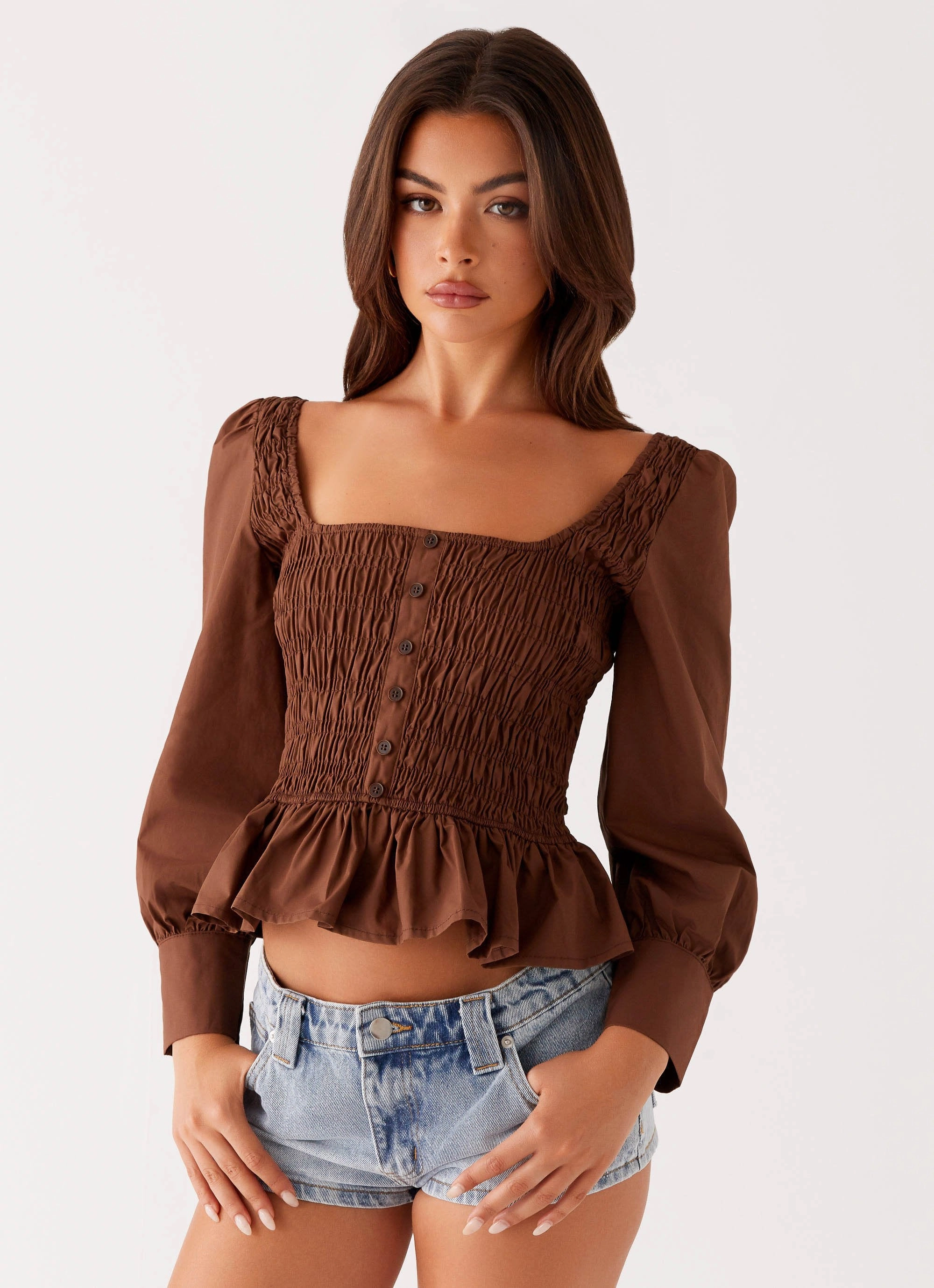 Joyce Long Sleeve Shirred Top - Chocolate Reflective Trim Details TaglessDesign