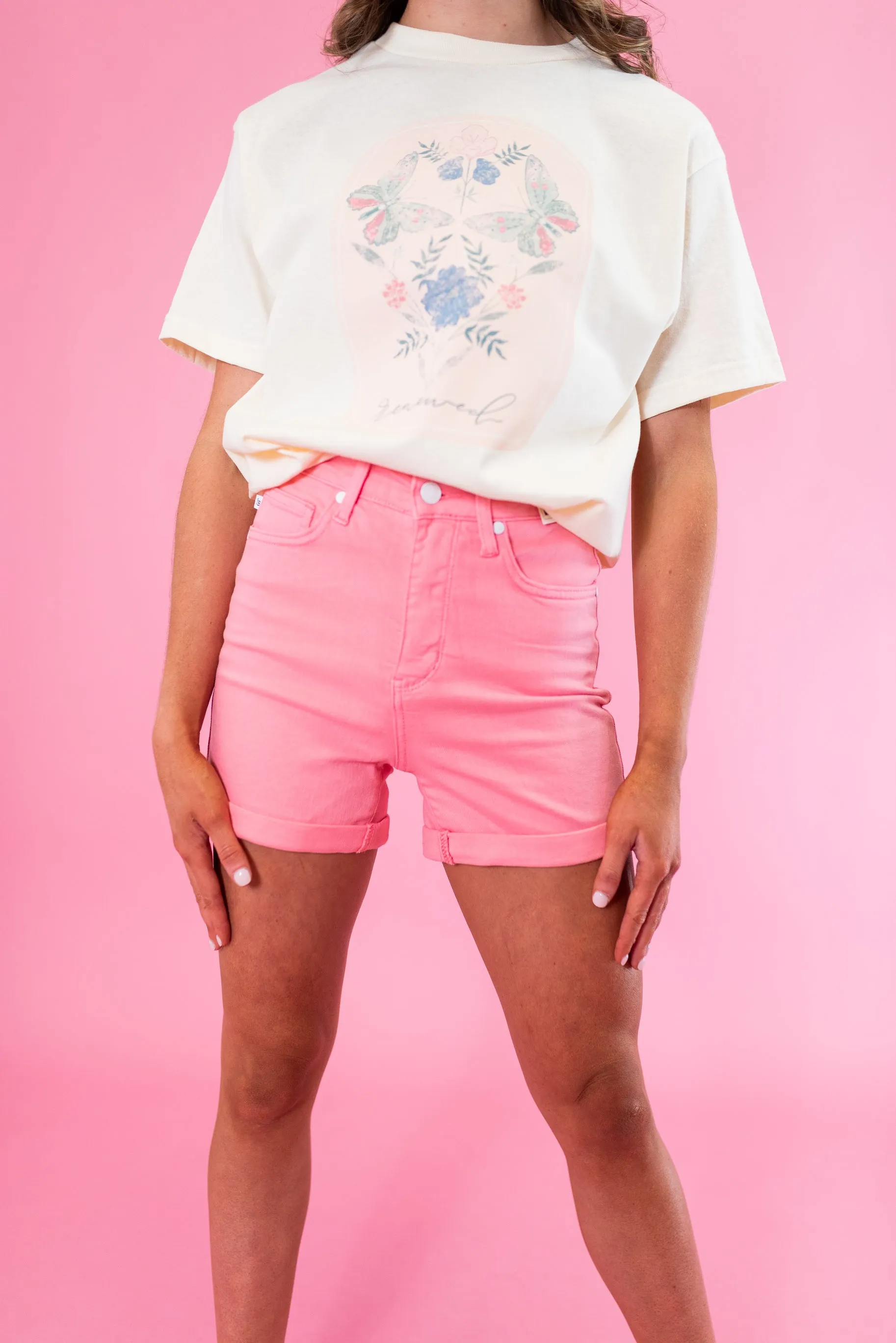 Judy Blue: HW Tummy Control Dyed Shorts - Pink