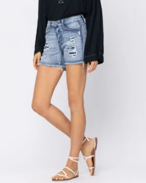 Judy Blue Mid Rise Patch and Wash Out Cutoff Shorts