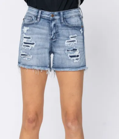 Judy Blue Mid Rise Patch and Wash Out Cutoff Shorts