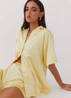Julia Satin Oversized Shirt - Lemon Quick Access Pockets Modern Layers