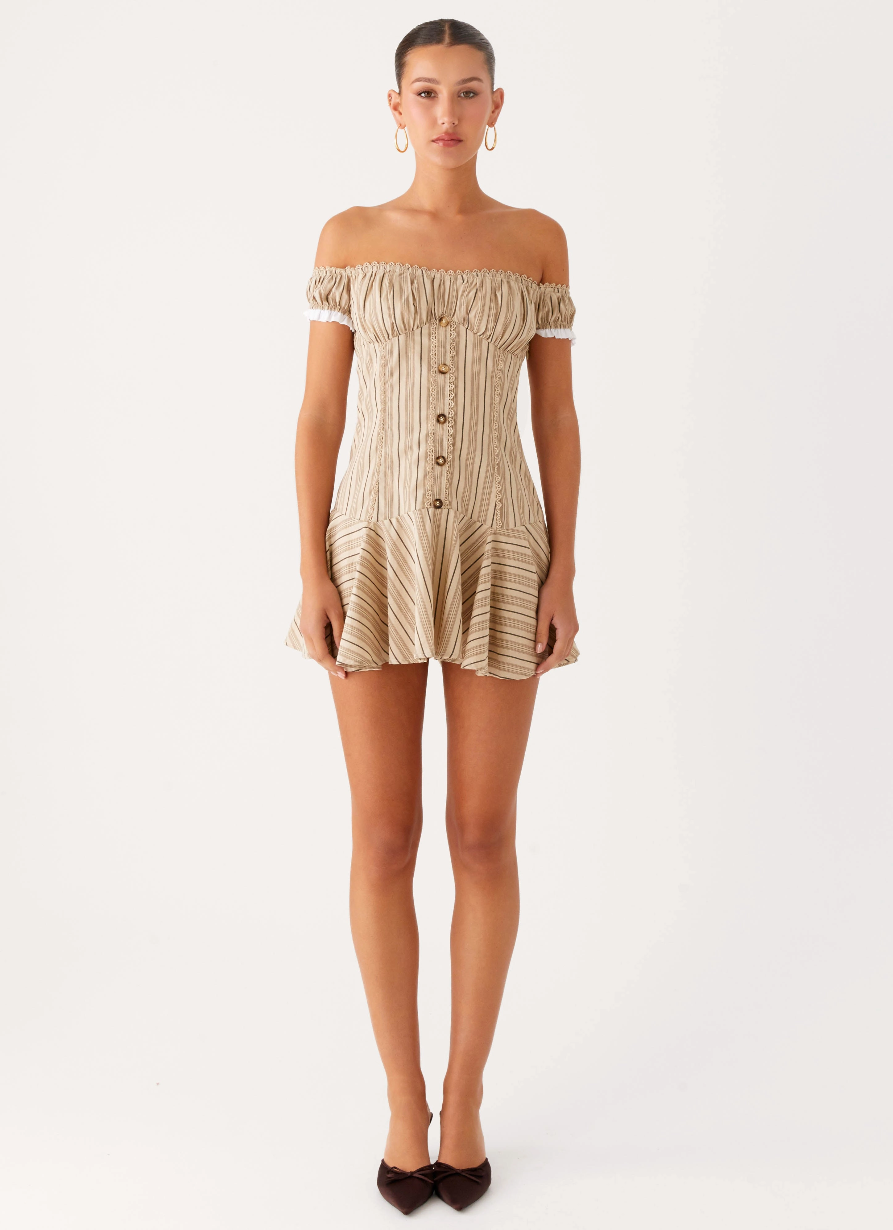 solo wear Timeless Trend Jumana Off Shoulder Mini Dress - Off White Stripe