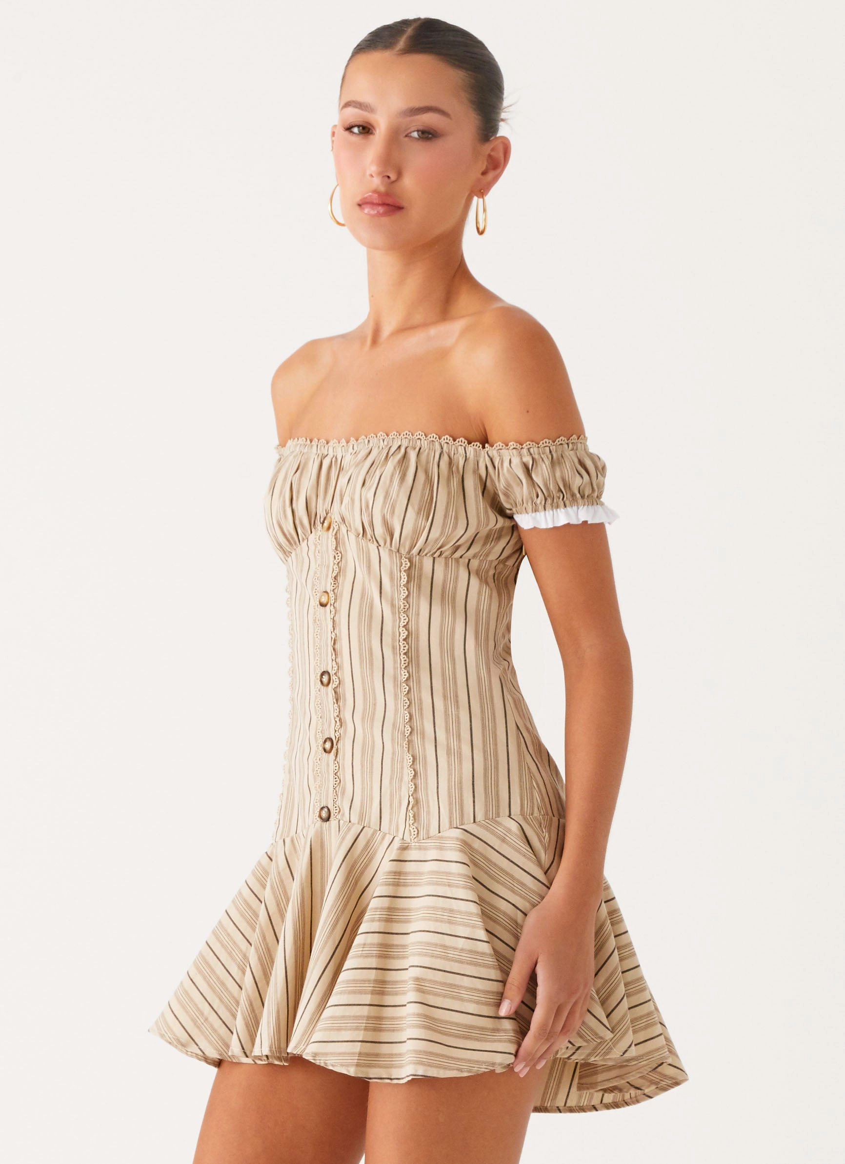 Midnight Mood Jumana Off Shoulder Mini Dress - Off White Stripe