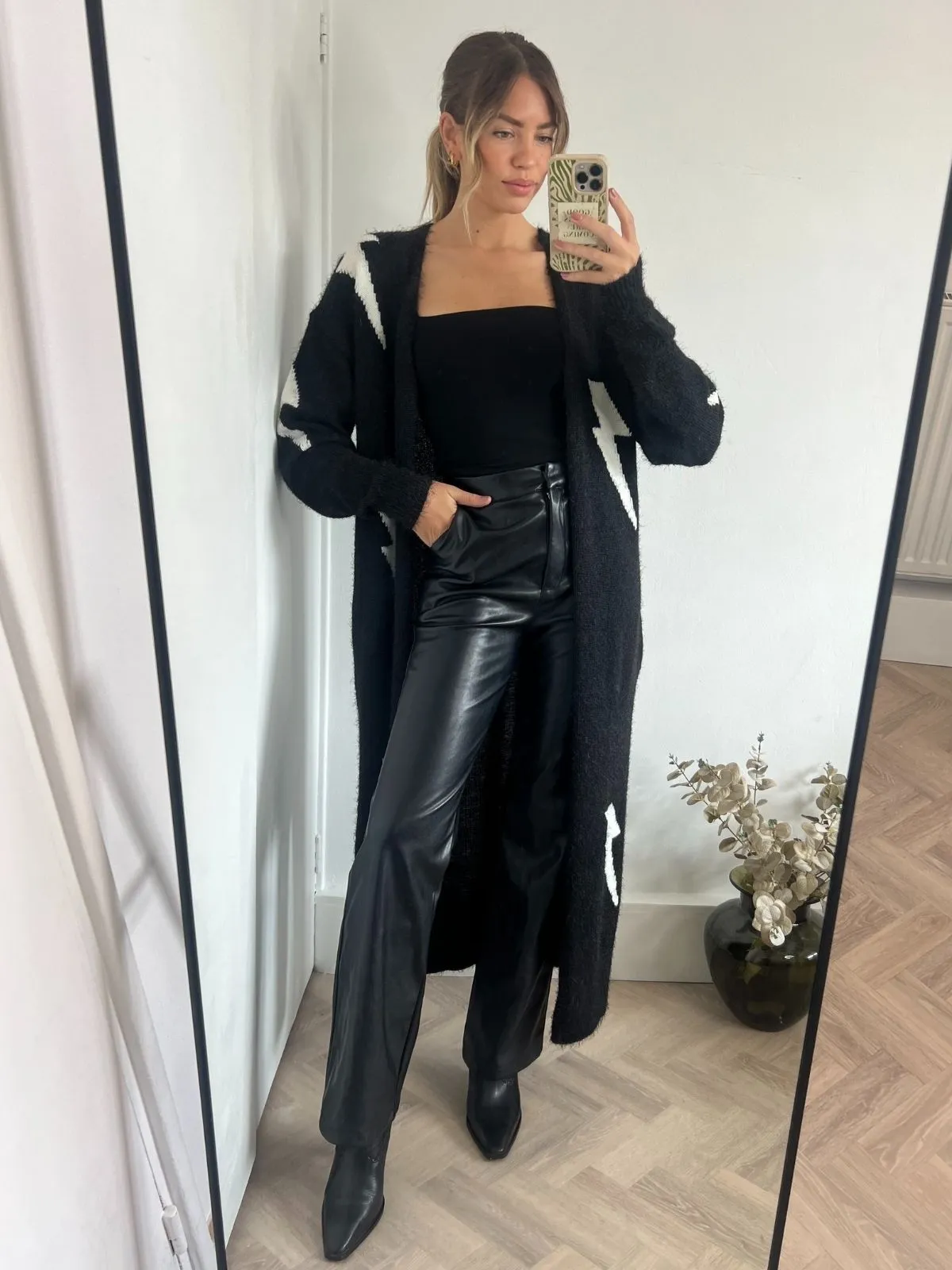 Kaia Lightning Print Long Cardigan / Black Garment Shaping Panels Sweater Pilling Prevention Tips