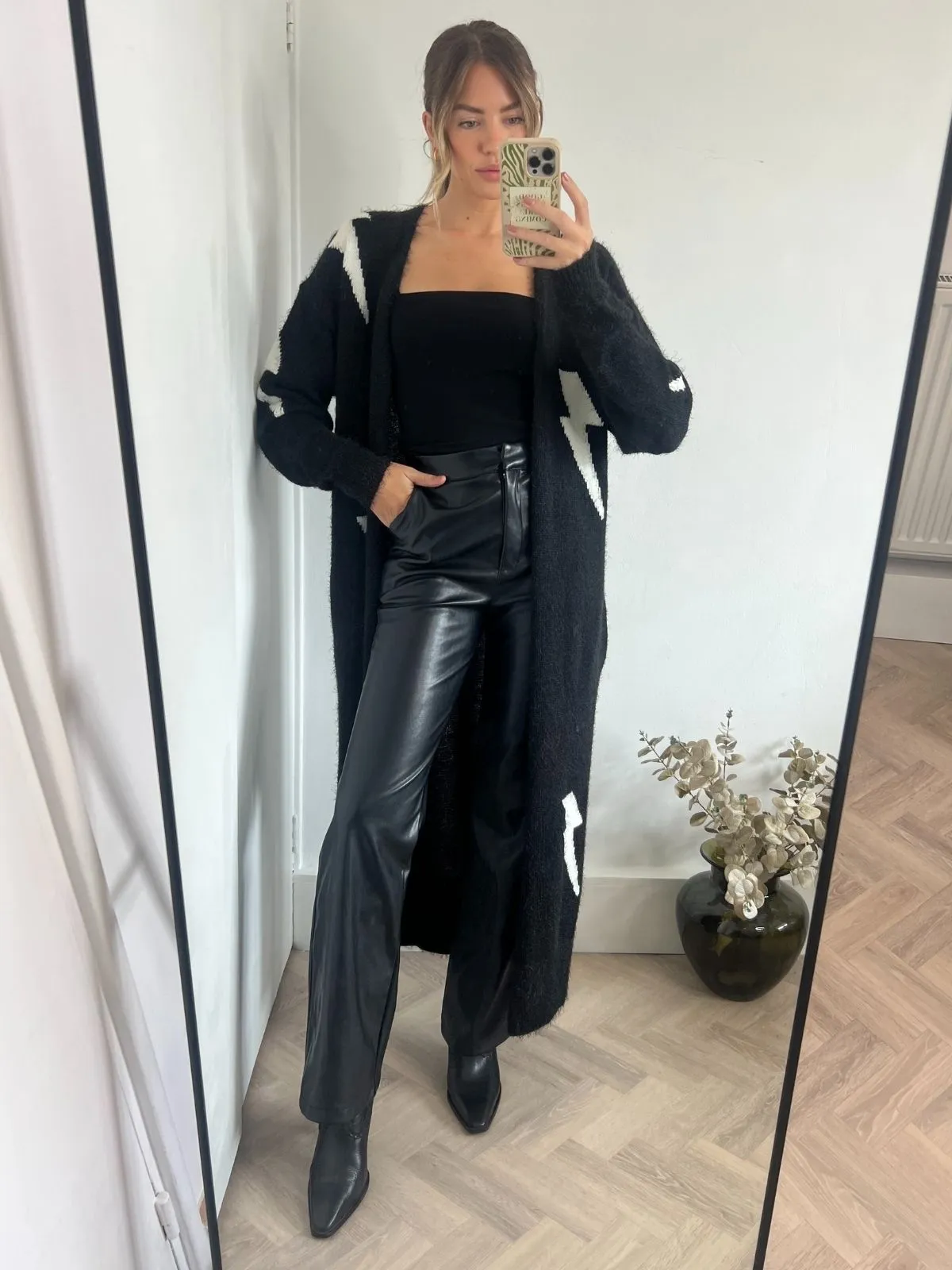 Kaia Lightning Print Long Cardigan / Black Daily Casual Style