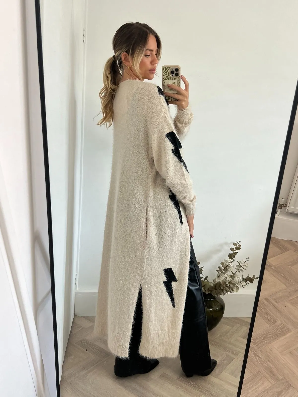 Light Drape Kaia Lightning Print Long Cardigan / Stone