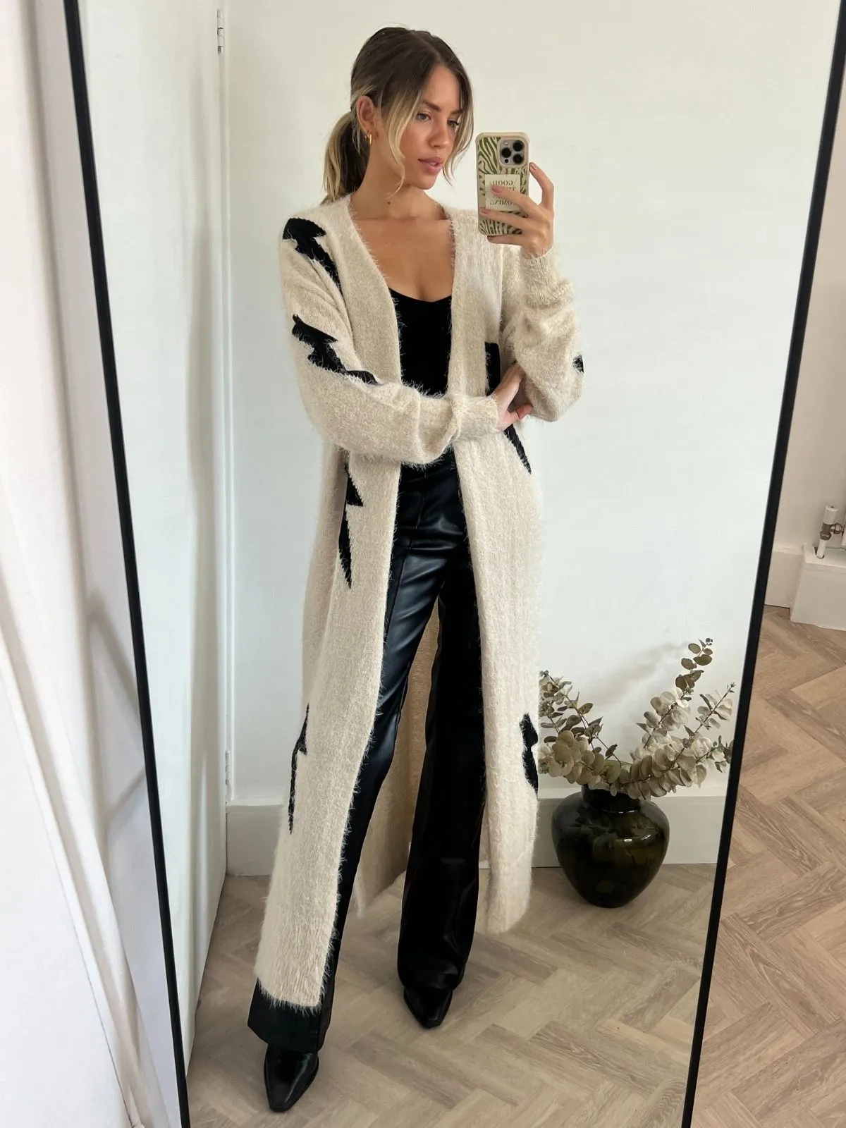 HighElasticity Fabric Kaia Lightning Print Long Cardigan / Stone