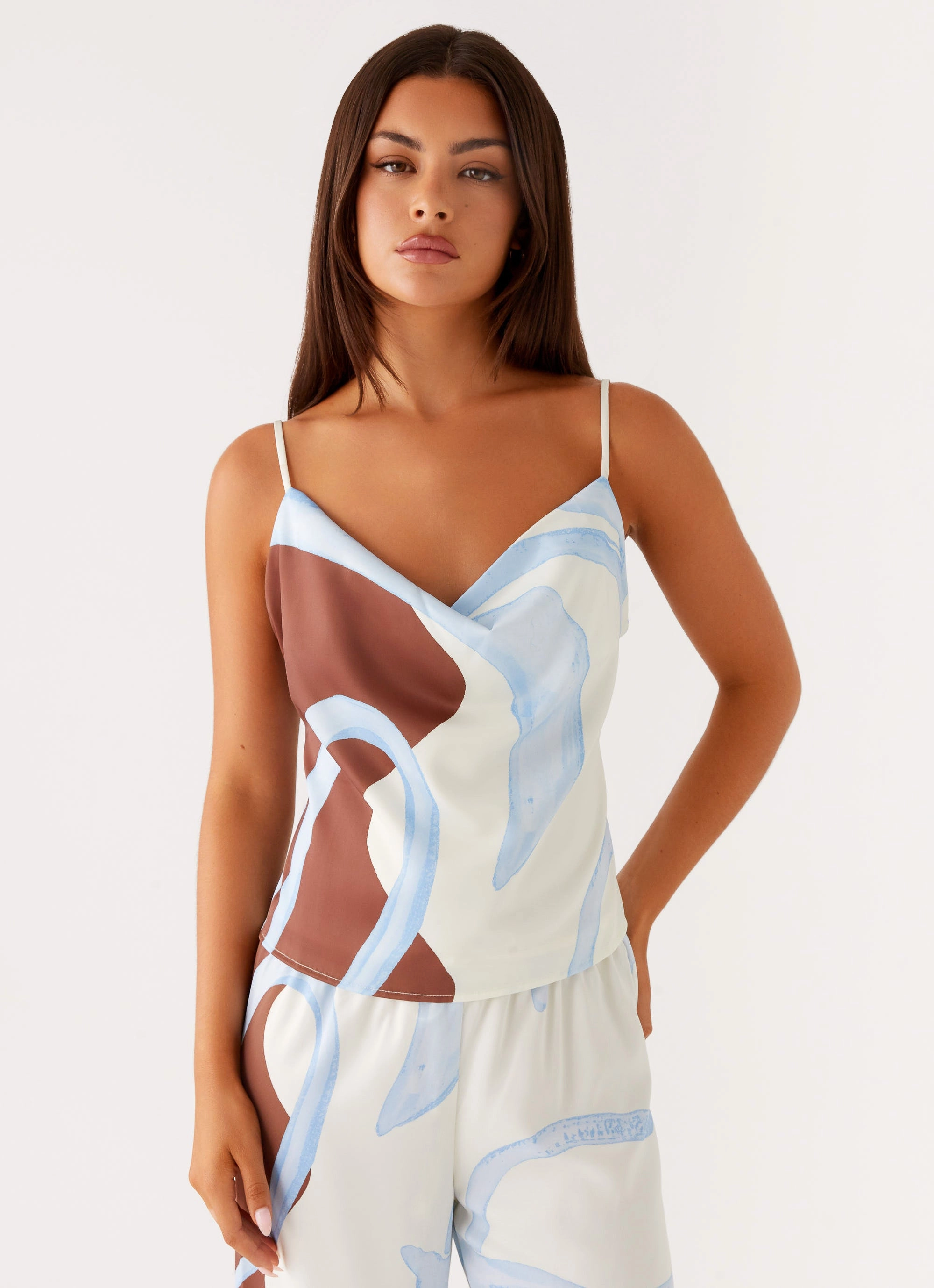 Kaia Cowl Neck Top - Bloom Wave Print Stretch Material