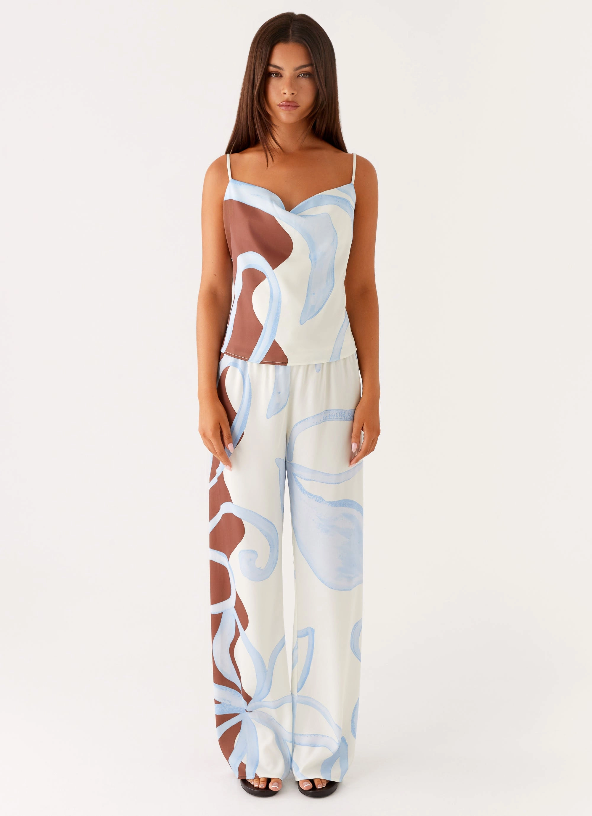 elastic waistband Kaia Cowl Neck Top - Bloom Wave Print