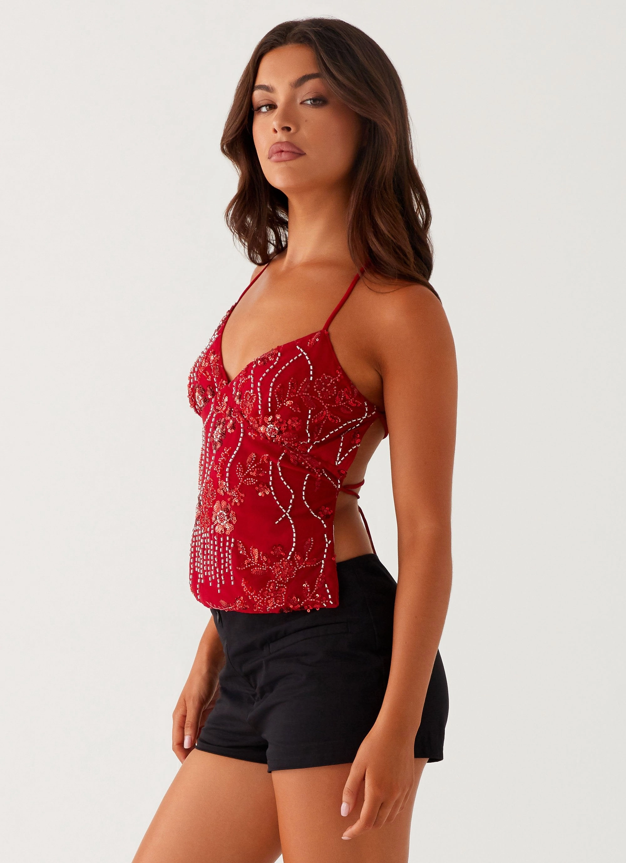 DoubleStitched Hem CompressionFit Kamilla Sequin Cami Top - Red