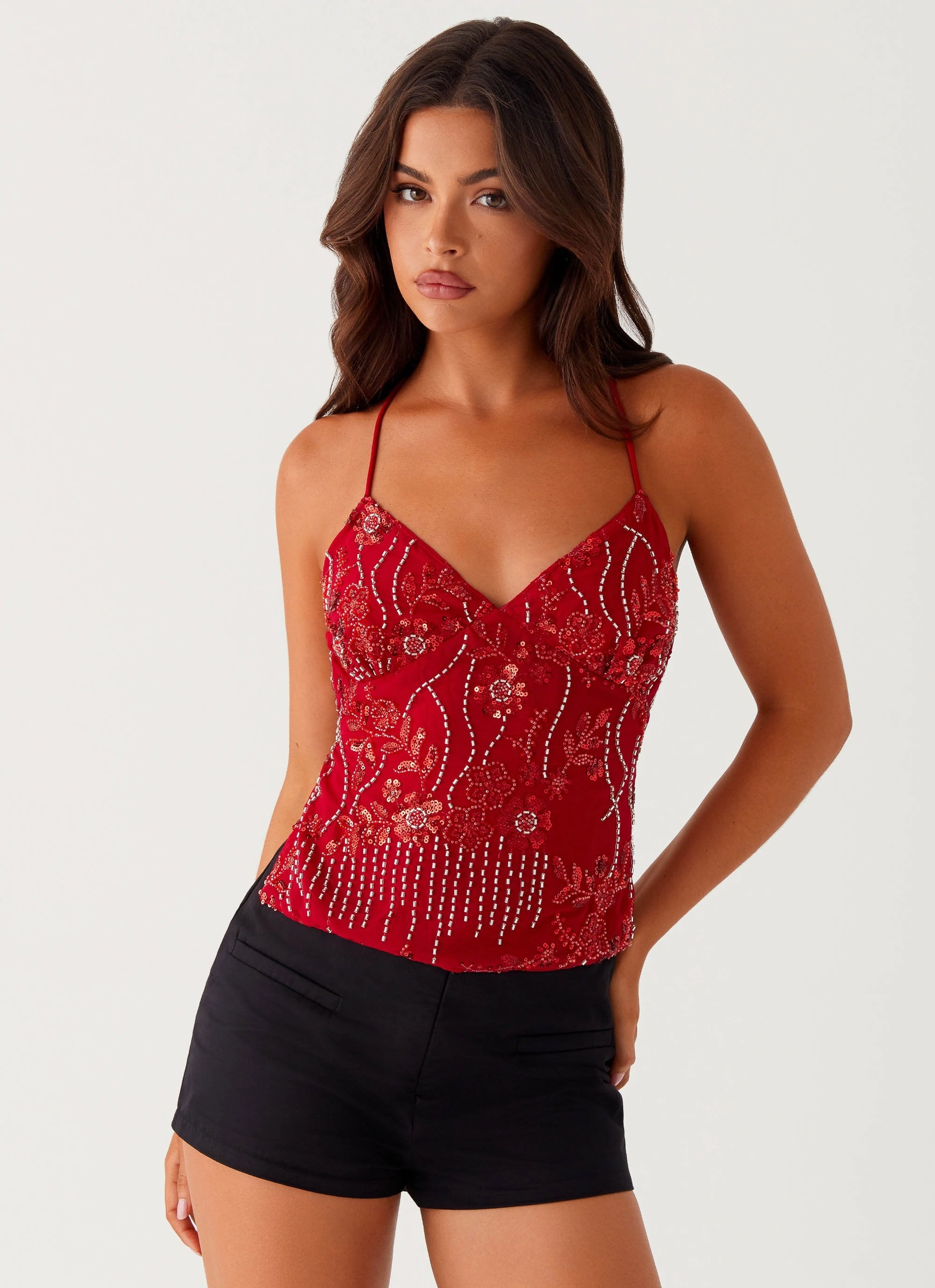 Kamilla Sequin Cami Top - Red FourWay Stretch