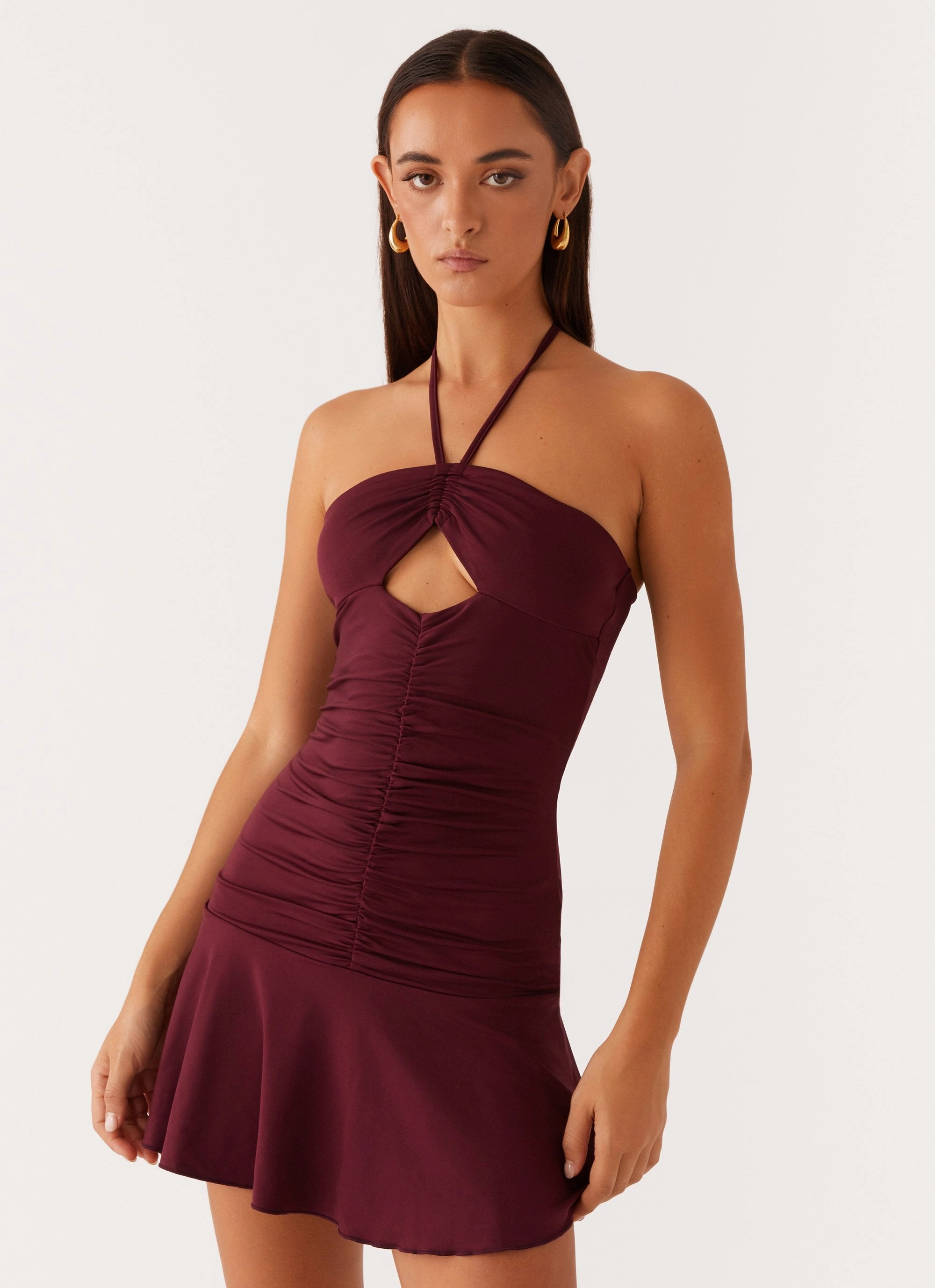 Warm Layers Katrina Halterneck Mini Dress - Deep Maroon