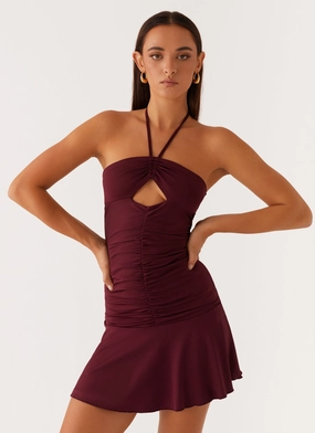 Spring Collection high-low hem Katrina Halterneck Mini Dress - Deep Maroon