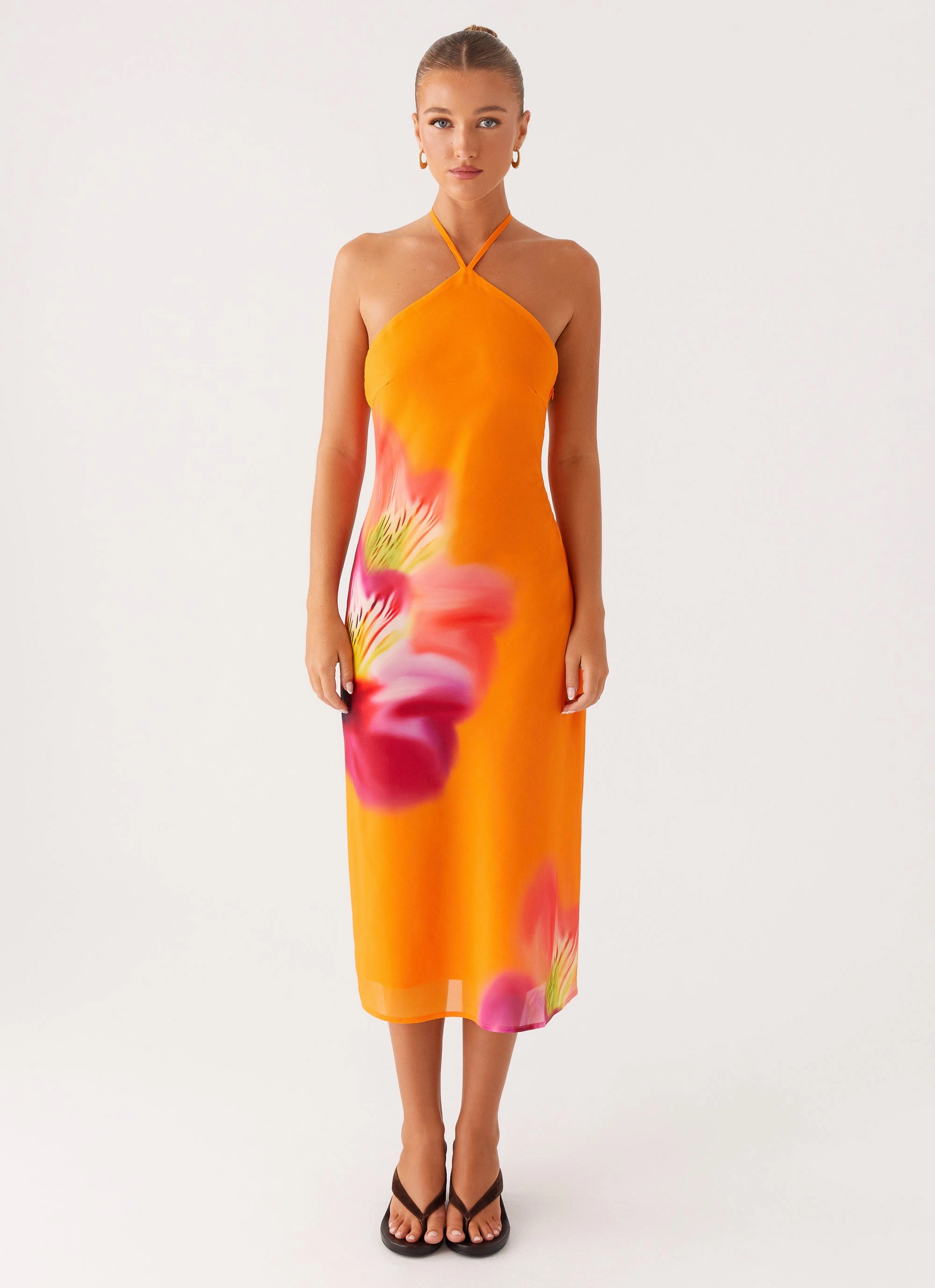 Elegant Detail Waist Seam Kea Midi Dress - Orange Tropical