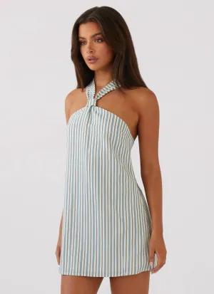 Keira Linen Mini Dress - Blue Choc Stripe Flowy summer gown