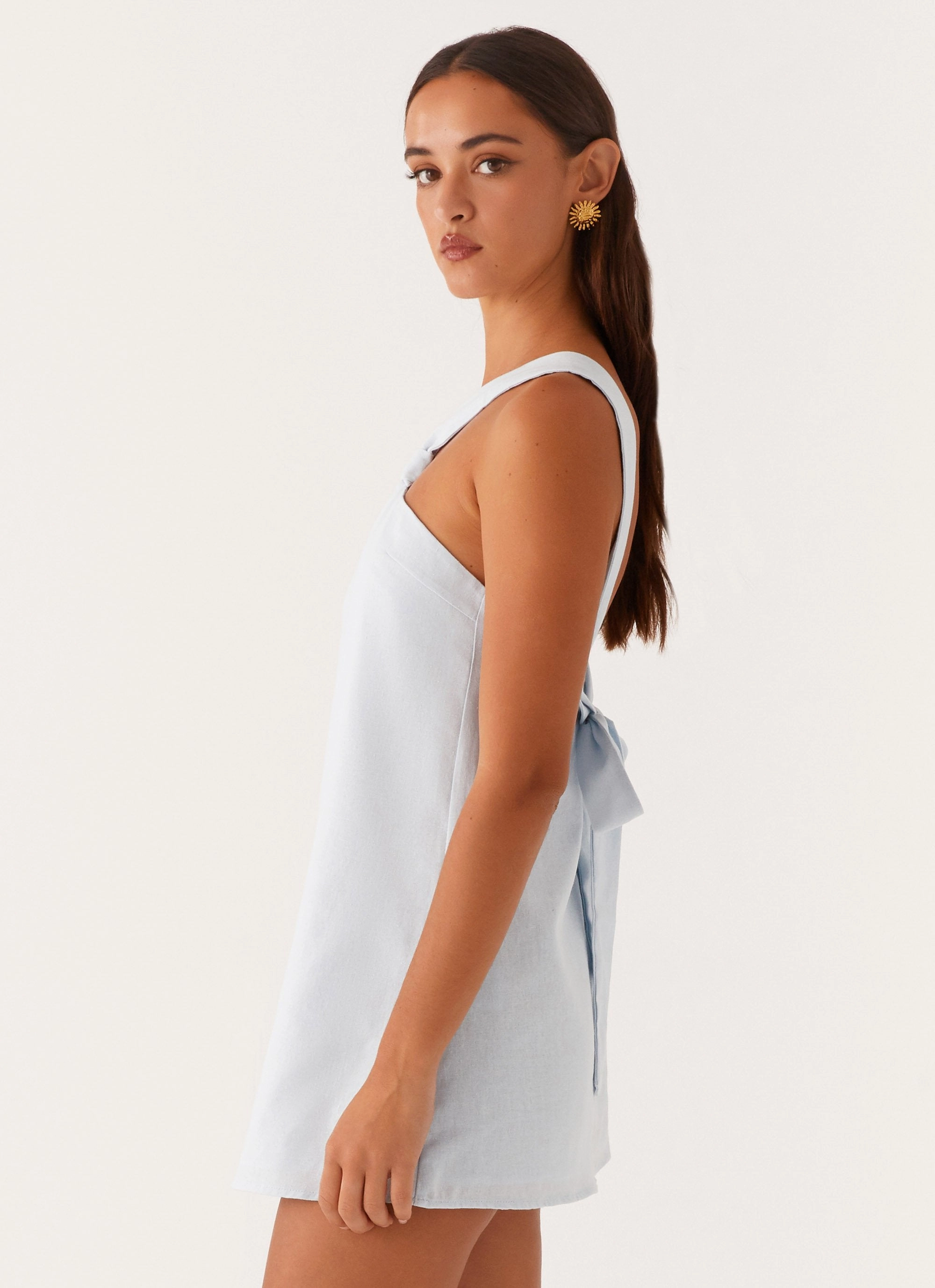 Matte Fabric Cool Palette Keira Linen Mini Dress - Blue