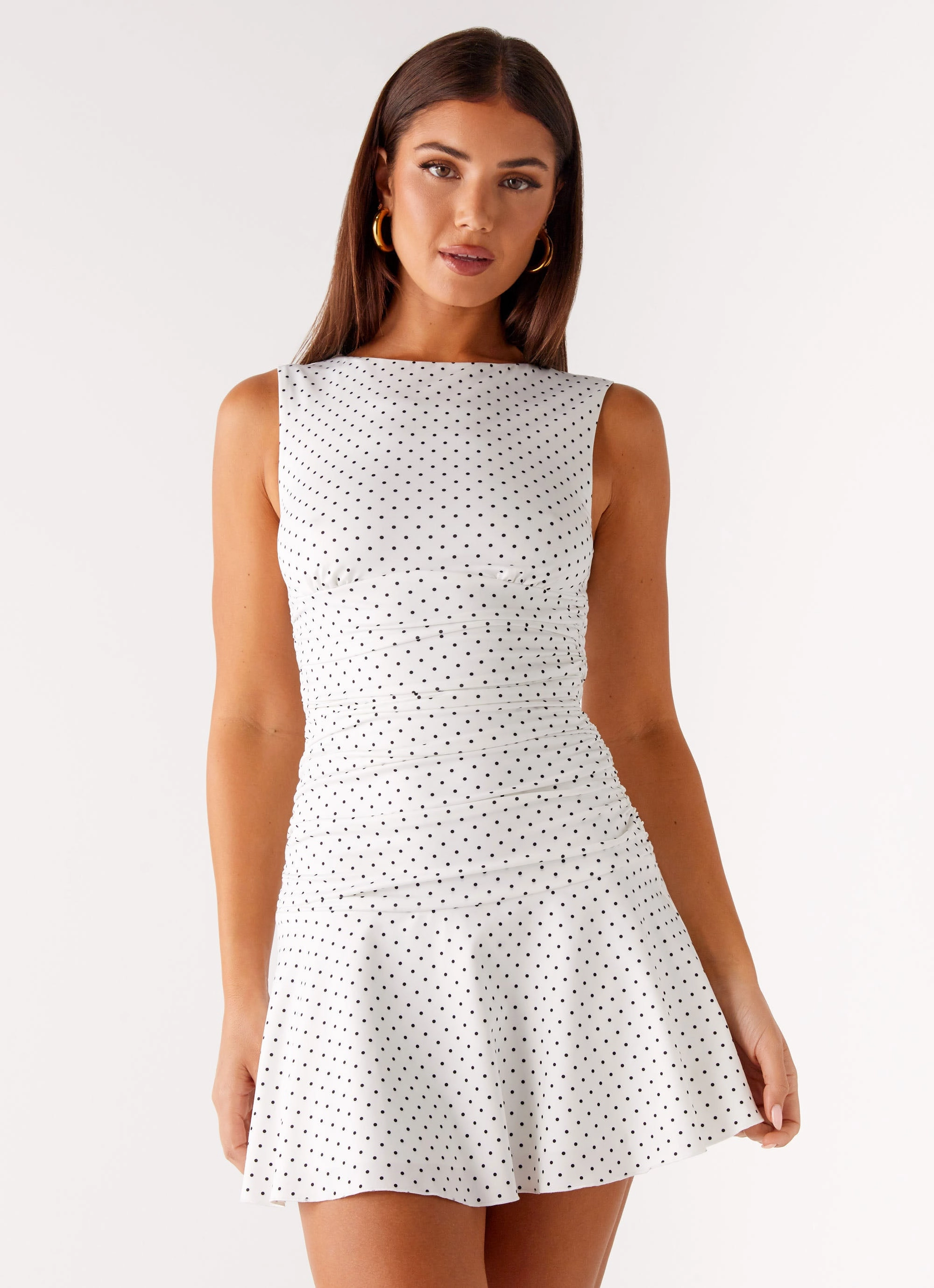 Kelda Mini Dress - White Polka Dot Feminine Line