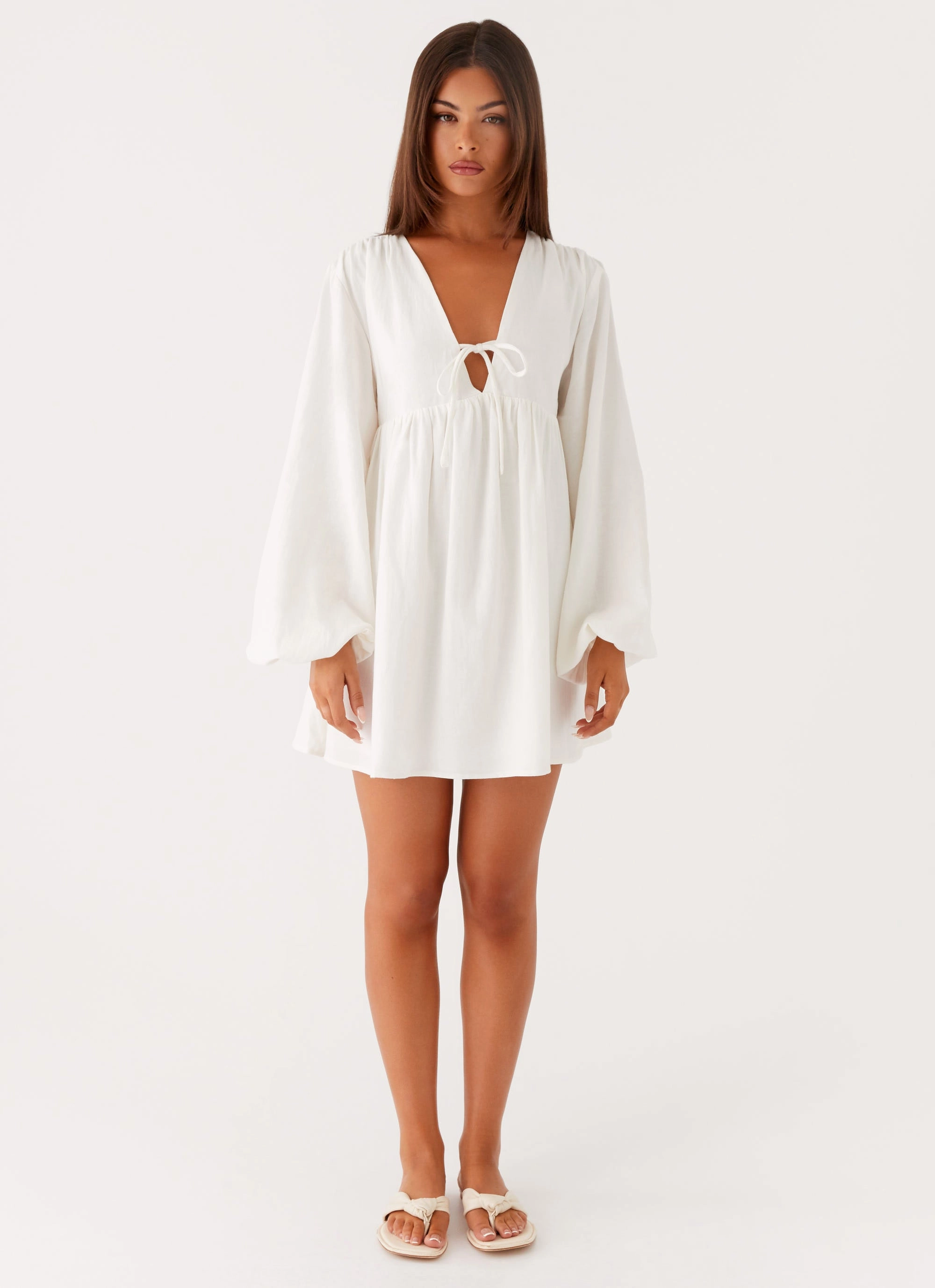 Kennie Linen Mini Dress - White Flattering bodycon dress Artistic Detail