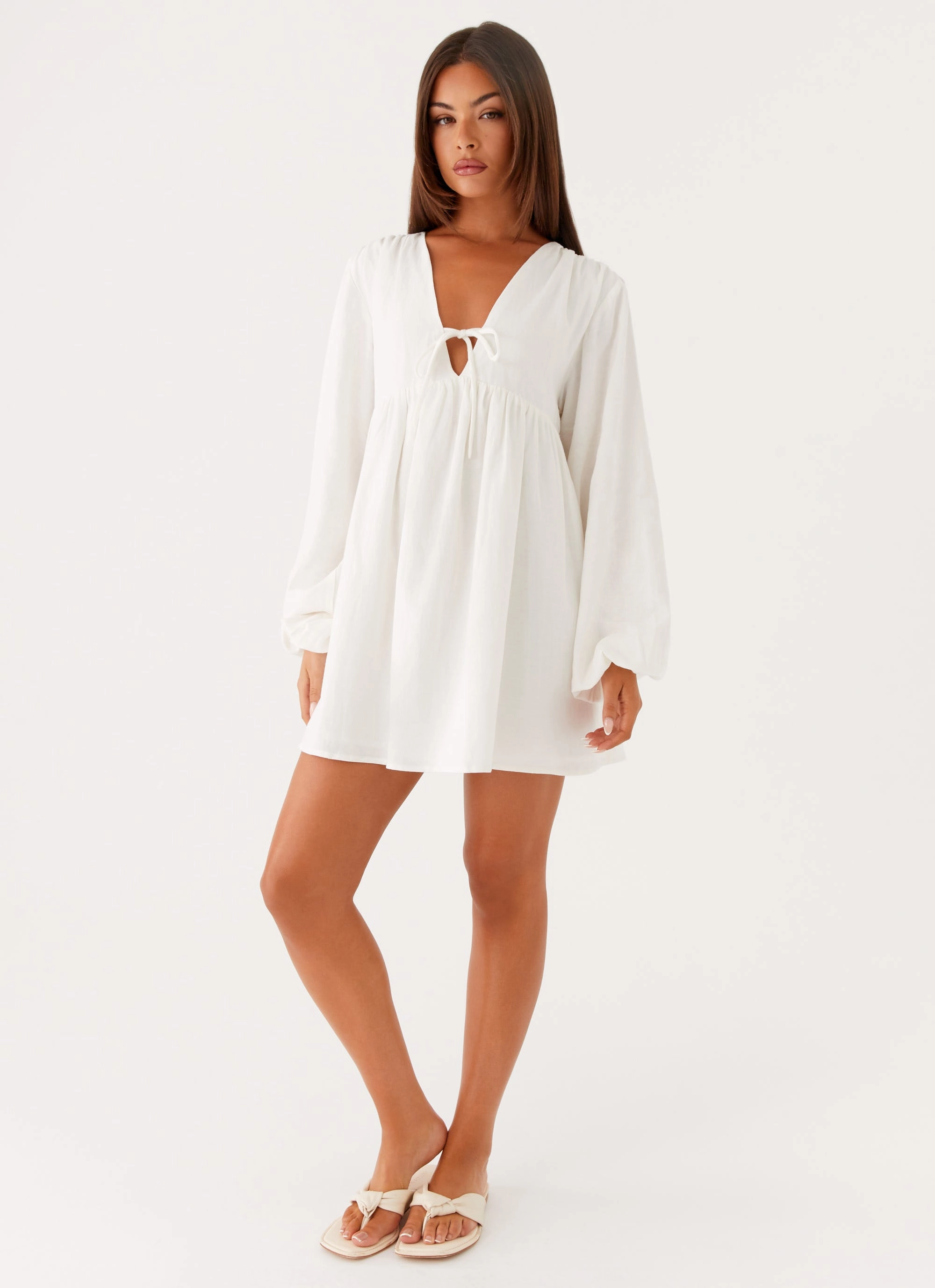 Flare Hem Kennie Linen Mini Dress - White