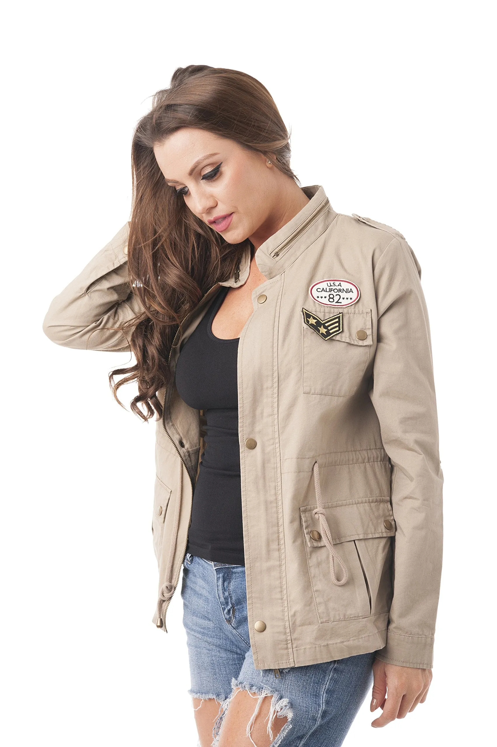 Khanomak Zippered Standing Collar Military Patch Utility Anorak Jacket