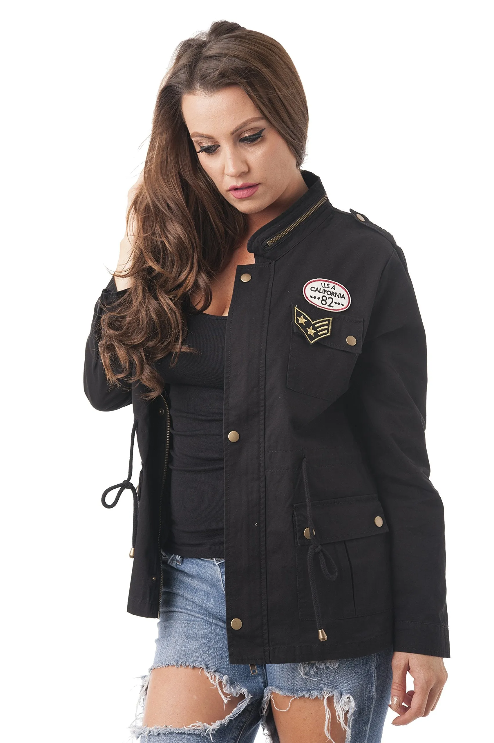 Khanomak Zippered Standing Collar Military Patch Utility Anorak Jacket