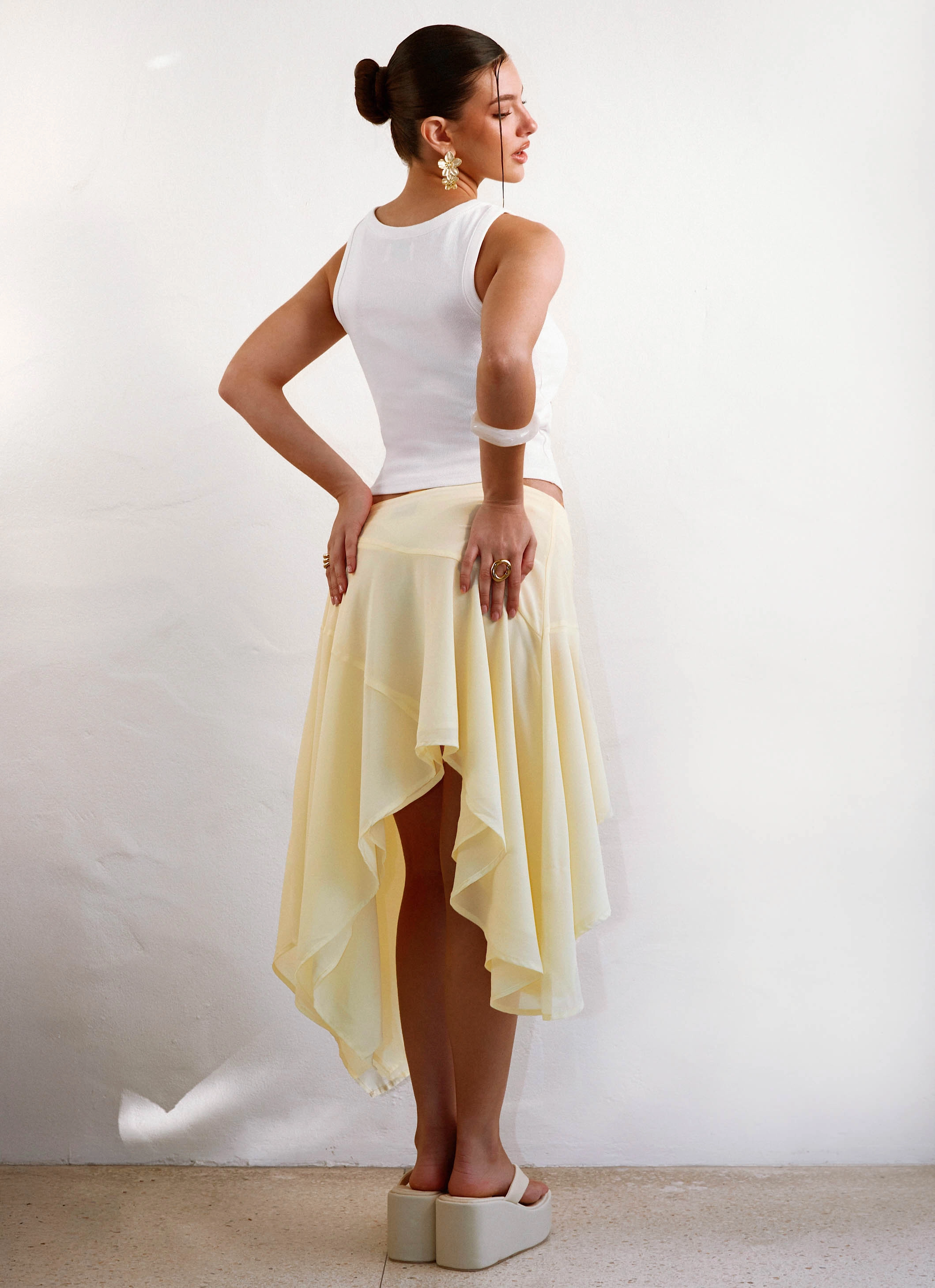 Kia Low Rise Asymmetrical Midi Skirt - Yellow LowProfileWaistband