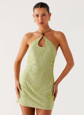 Light Fall Elegant Waist Fit Kiara Beaded Mini Dress - Mint