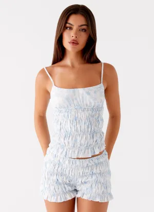 Kimi Ruched Top - Blue Floral FourWay Stretch Fabric