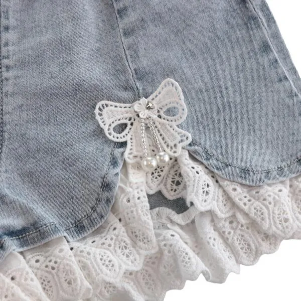 Lace Hem Denim Shorts