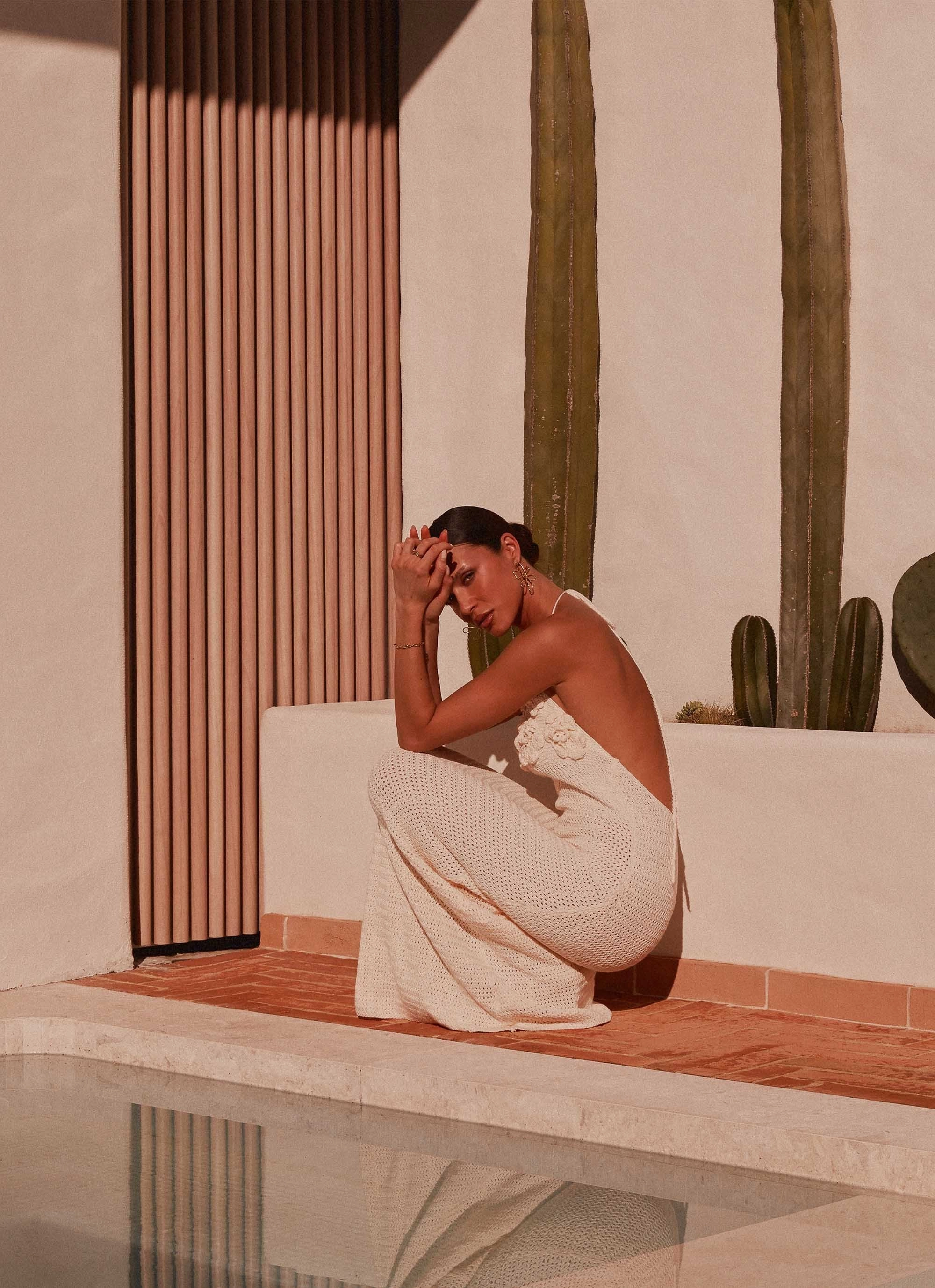 Essential Layer Glossy Fabric Zara Rose Crochet Maxi Dress - Ivory