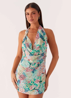 Laid-Back Cowl Mini Dress - Santorini Floral Versatile and Comfortable