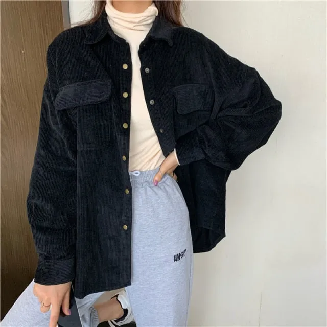 LANFUBEISI Spring New Women Solid Corduroy Shirts Jackets Full Sleeve Turn-Down Collar Oversize Coats Casual Autumn Basic Outwear