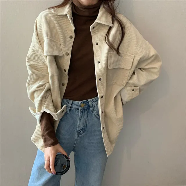 LANFUBEISI Spring New Women Solid Corduroy Shirts Jackets Full Sleeve Turn-Down Collar Oversize Coats Casual Autumn Basic Outwear