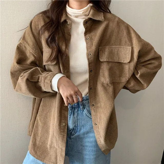 LANFUBEISI Spring New Women Solid Corduroy Shirts Jackets Full Sleeve Turn-Down Collar Oversize Coats Casual Autumn Basic Outwear