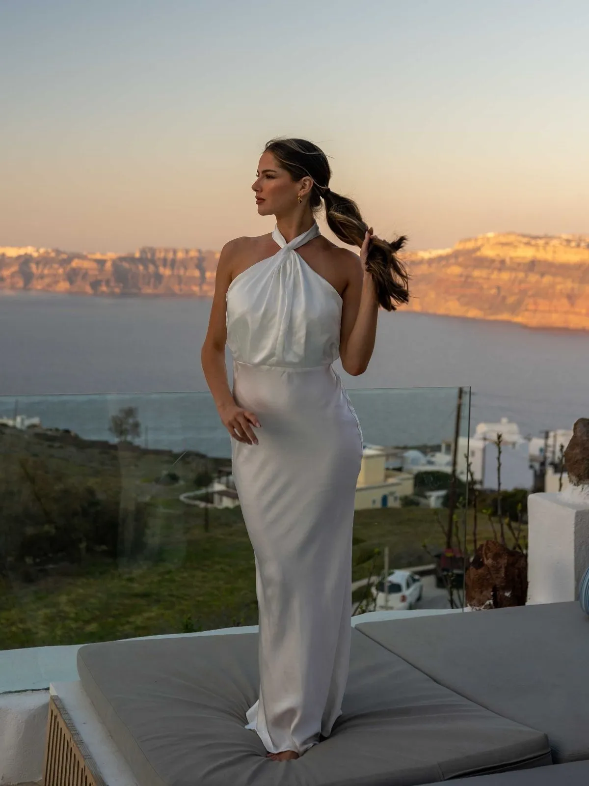 Lara Halter Split column Dress / White Metallic-Shine Artistic Vibe